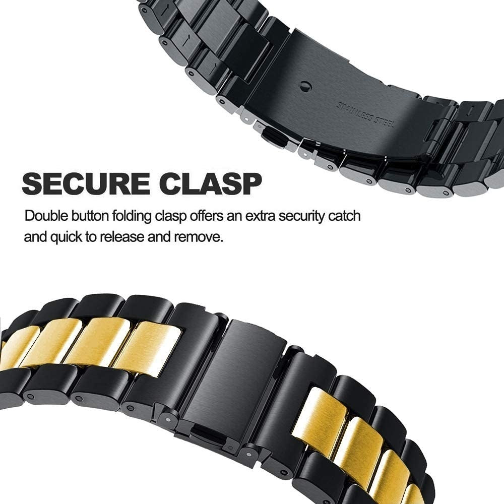 Nahaufnahme eines Uhrenverschlusses. Schwarze und goldene Glieder mit den Worten 'SECURE CLASP'. Text: doppelter Knopffaltverschluss.