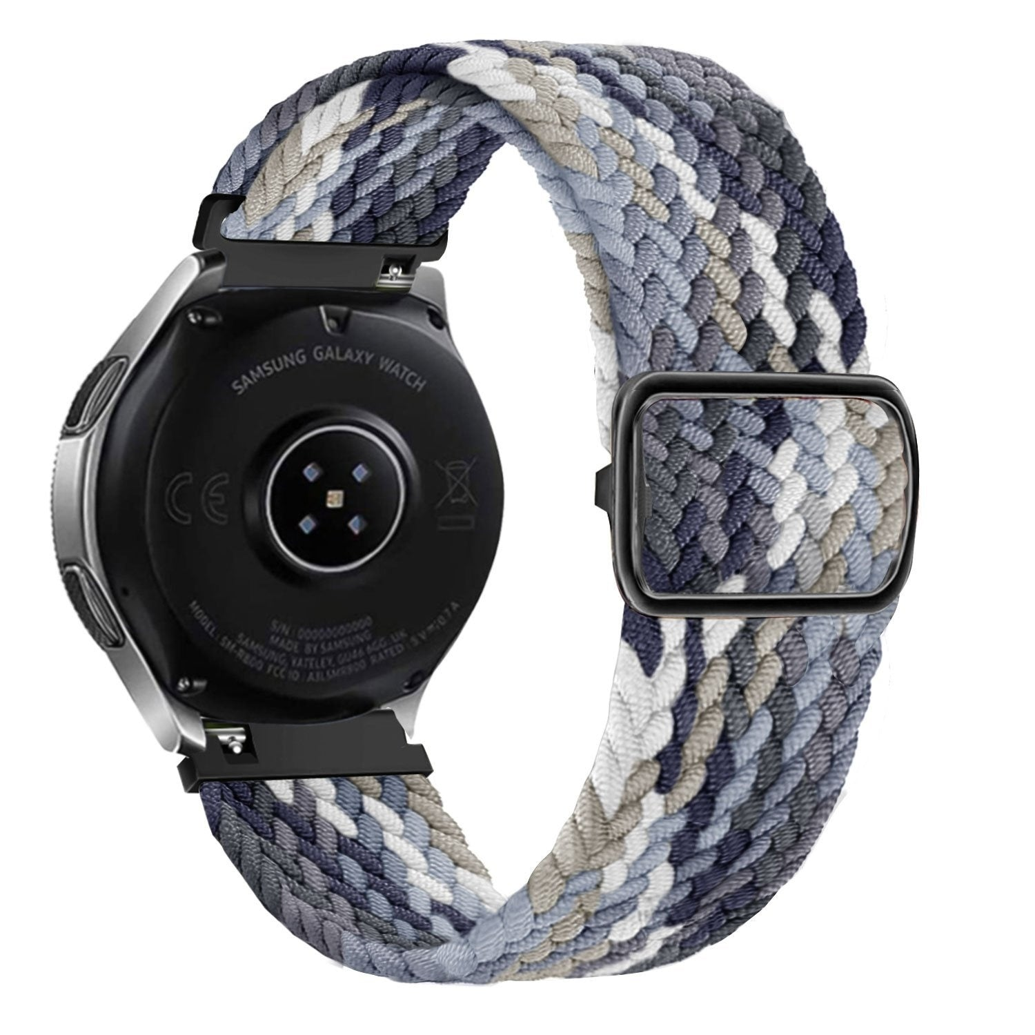 Eine Samsung Galaxy Watch mit geflochtenem Armband. Das Band ist eine Mischung aus Weiß, Grau und Blau. Die Uhr ist schwarz.