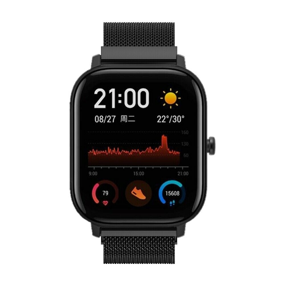 Eine schwarze Smartwatch zeigt Zeit, Datum und Gesundheitsdaten an. Sie zeigt die Uhrzeit 21:00 Uhr an, mit Schritten, Herzfrequenz und Temperatur.