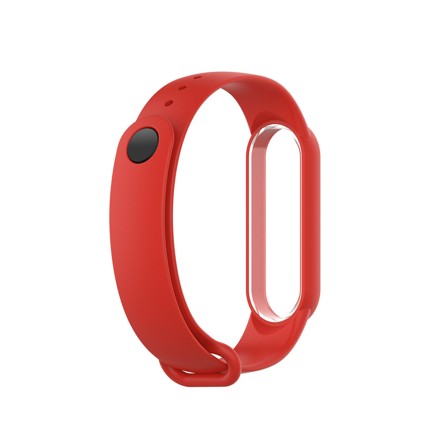 Ein rotes Fitness-Tracker-Armband, das das Band und den Bereich für das Zifferblatt zeigt. Das Band befindet sich auf weißem Hintergrund.