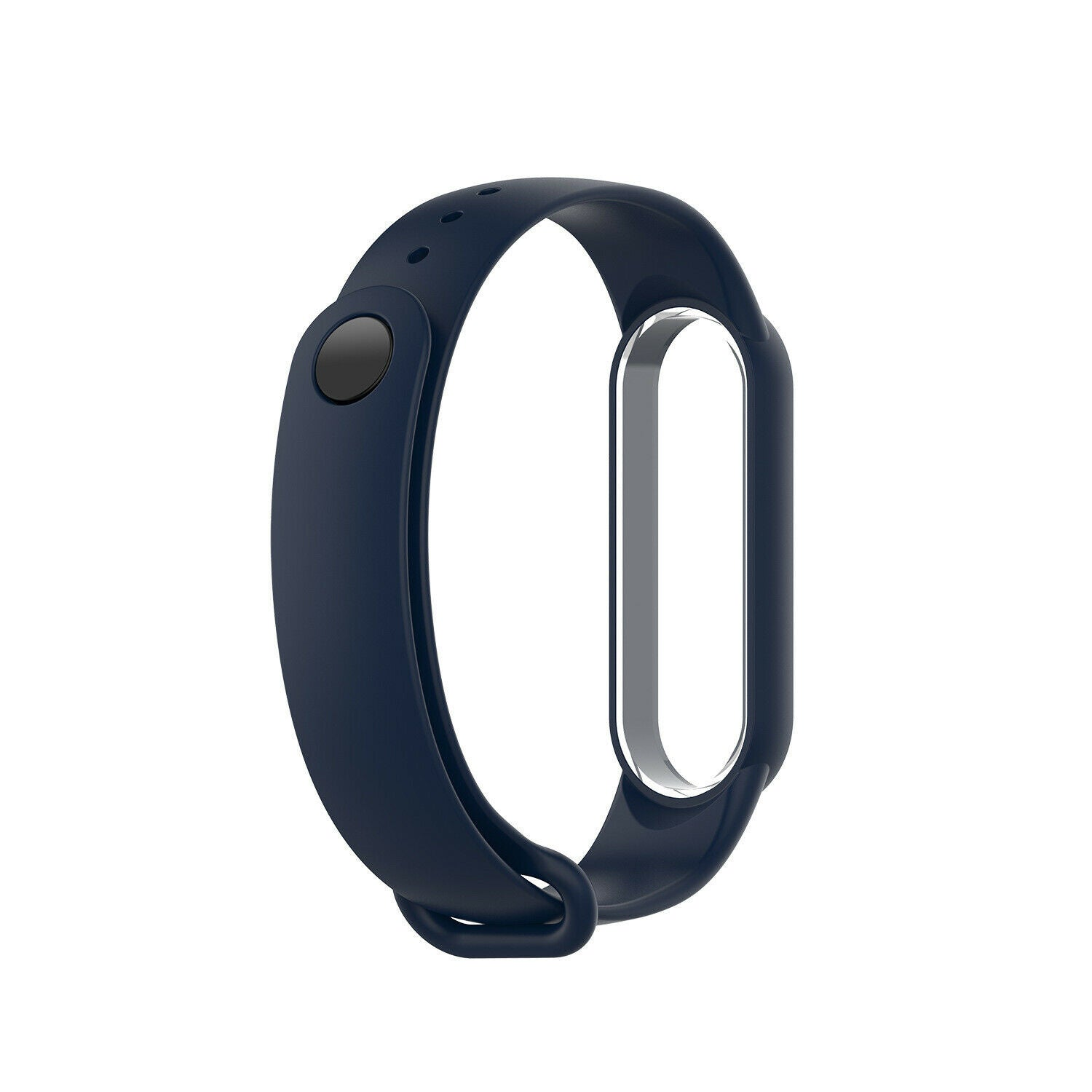 Ein marineblaues Smartwatch-Armband wird gezeigt, mit einem schwarzen Knopf und einem silberfarbenen Fach, in dem die Uhr platziert wird.