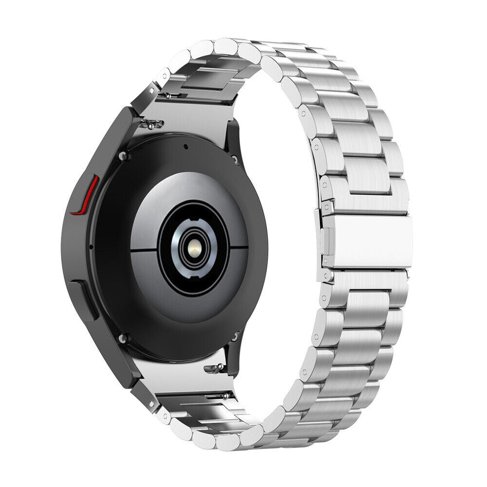 Eine schwarze Smartwatch mit silbernem Metallband. Die Rückseite der Uhr zeigt Sensoren und ein kreisförmiges Design. Das Band besteht aus Gliedern.