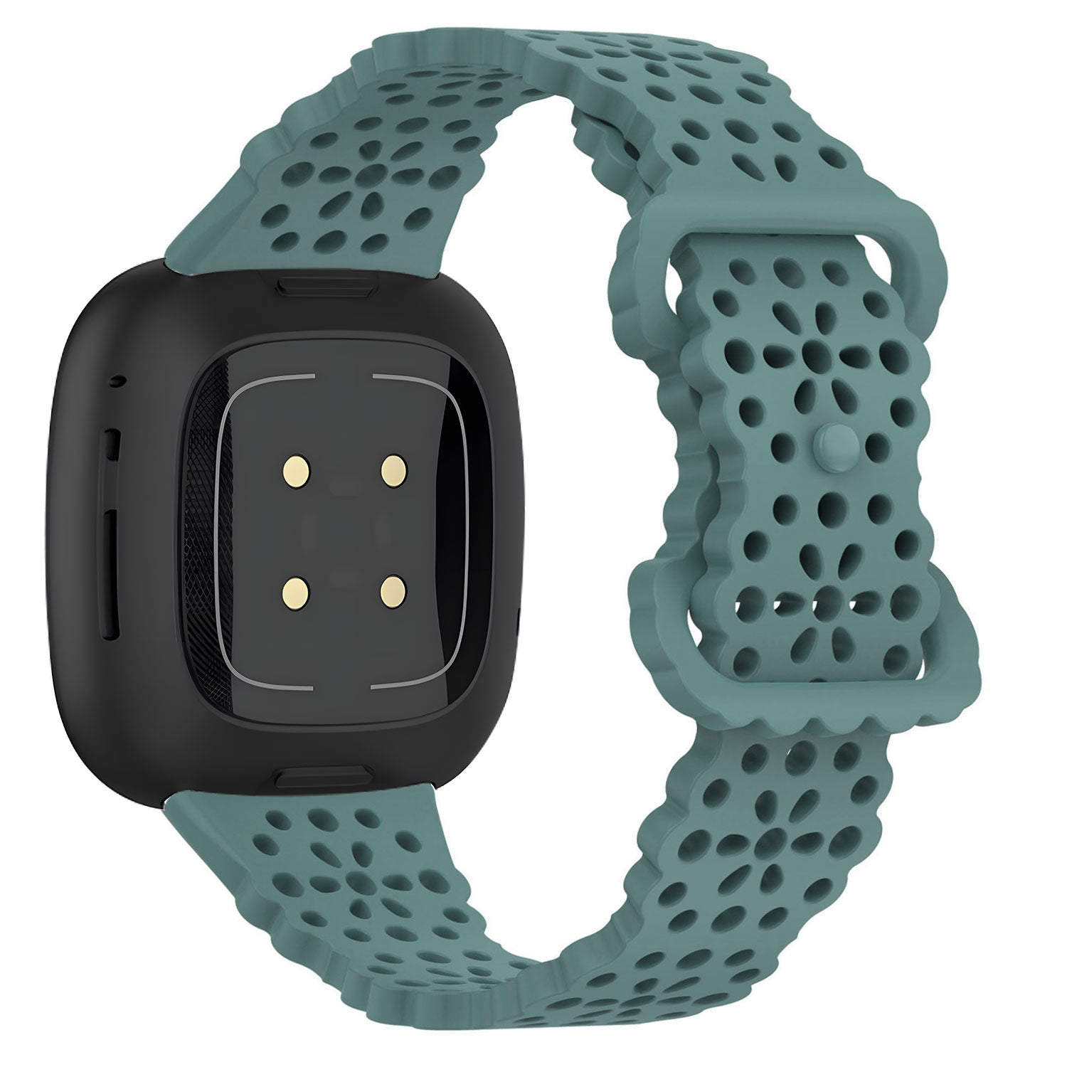 Eine schwarze Smartwatch mit tealfarbenem Armband. Das Armband ist perforiert. Das Zifferblatt ist schwarz mit goldenen Punkten.
