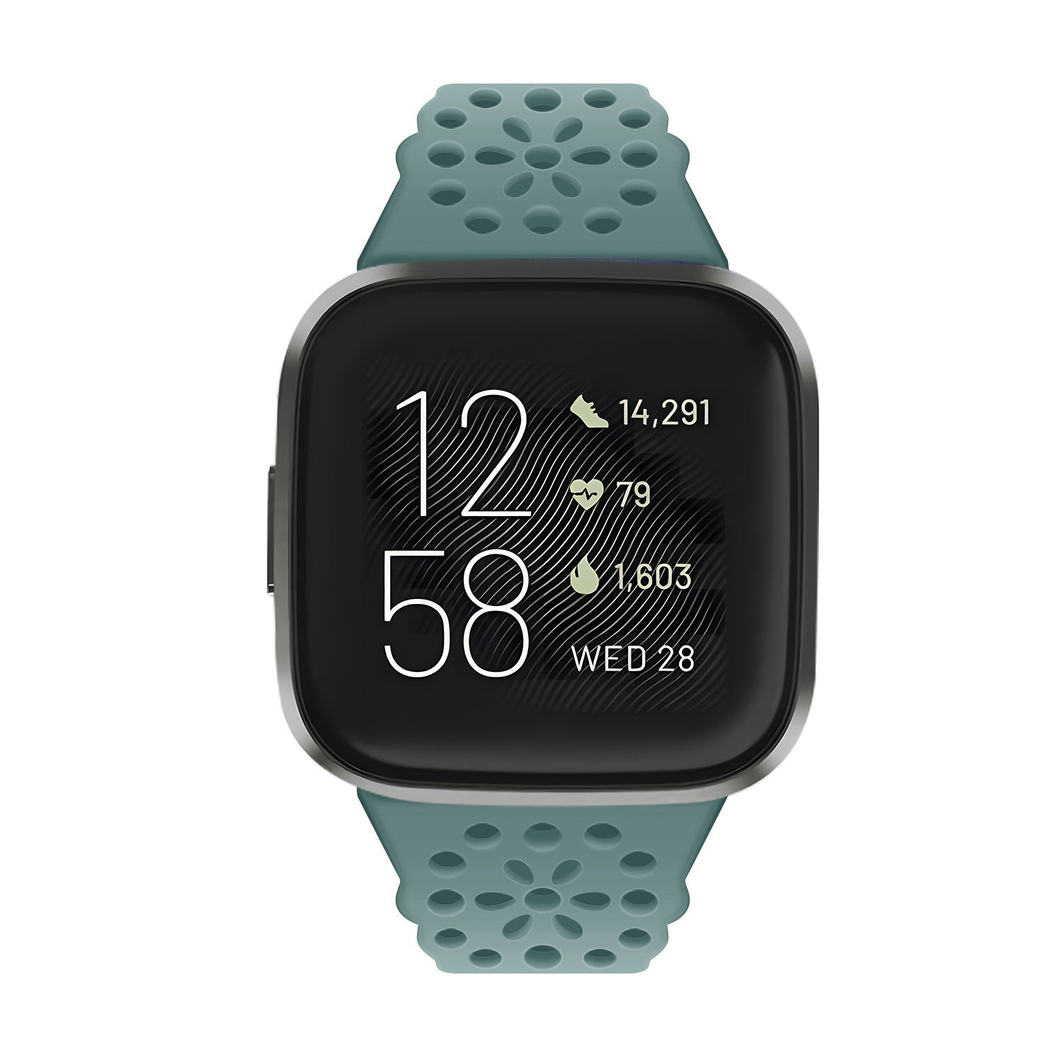 Eine türkisfarbene Smartwatch zeigt Uhrzeit, Datum und Aktivitätsdaten an. Die Uhr hat ein quadratisches Zifferblatt und ein perforiertes Armband.