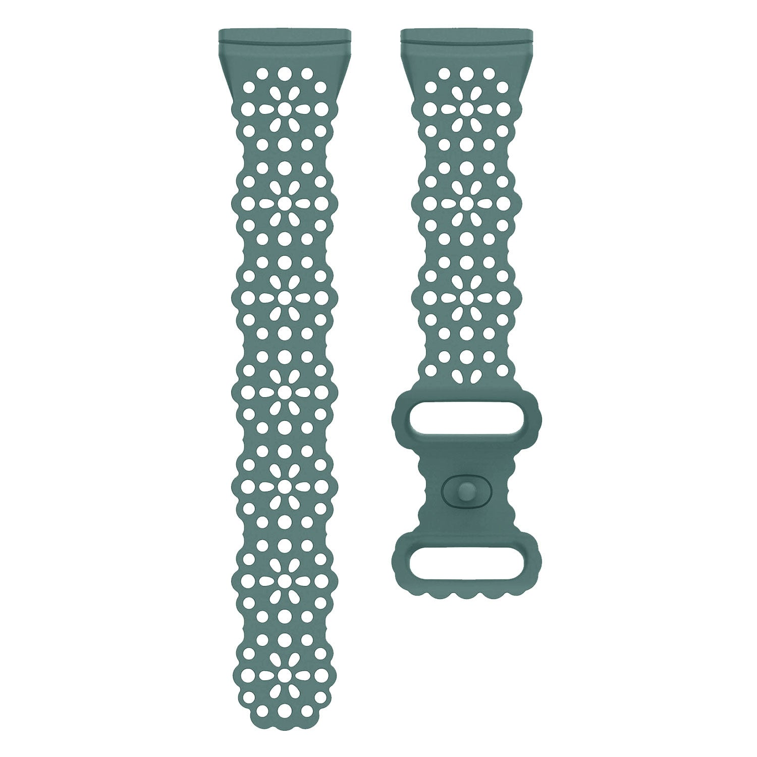 Zwei türkisfarbene Uhrenarmbänder. Das längere ist mit Blumenformen perforiert. Das andere hat eine Schnalle.