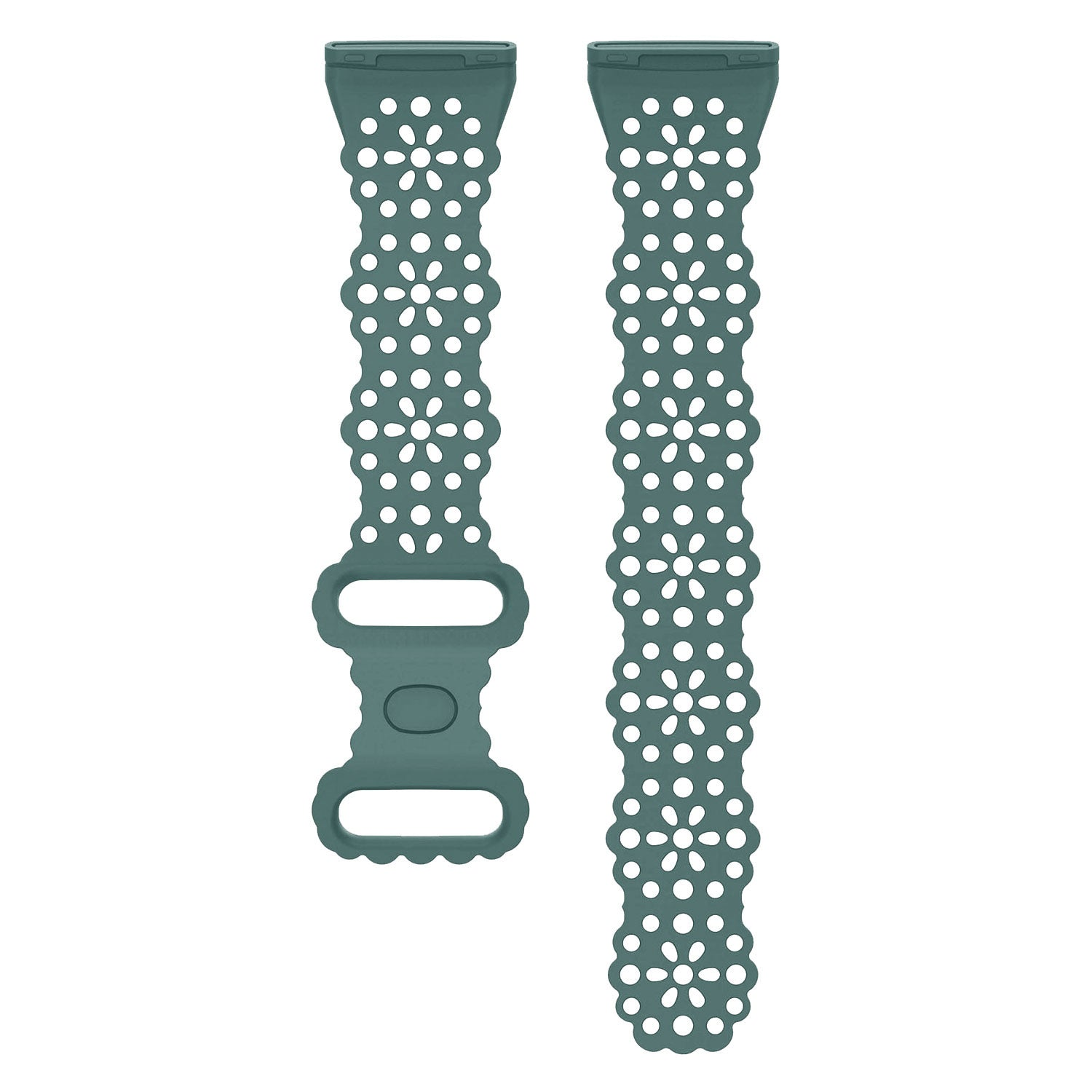 Zwei türkisblaue Uhrenarmbänder. Jedes hat ein Blumenmuster mit kreisförmigen Aussparungen. Die Armbänder sind auf weißem Hintergrund.