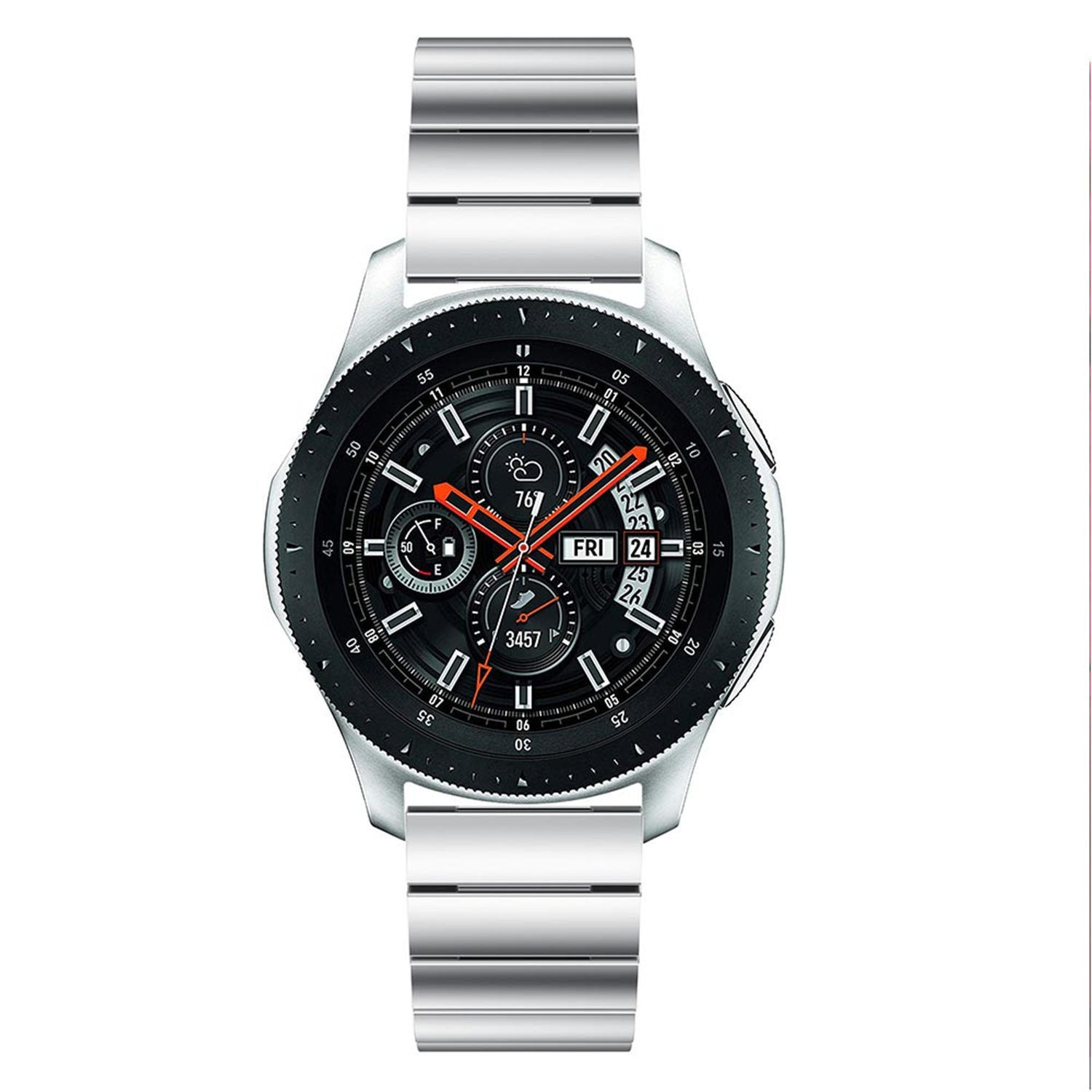 Silberne Smartwatch mit schwarzem Zifferblatt. Es zeigt Uhrzeit, Datum und andere Informationen an. Das Armband ist ebenfalls silberfarben.