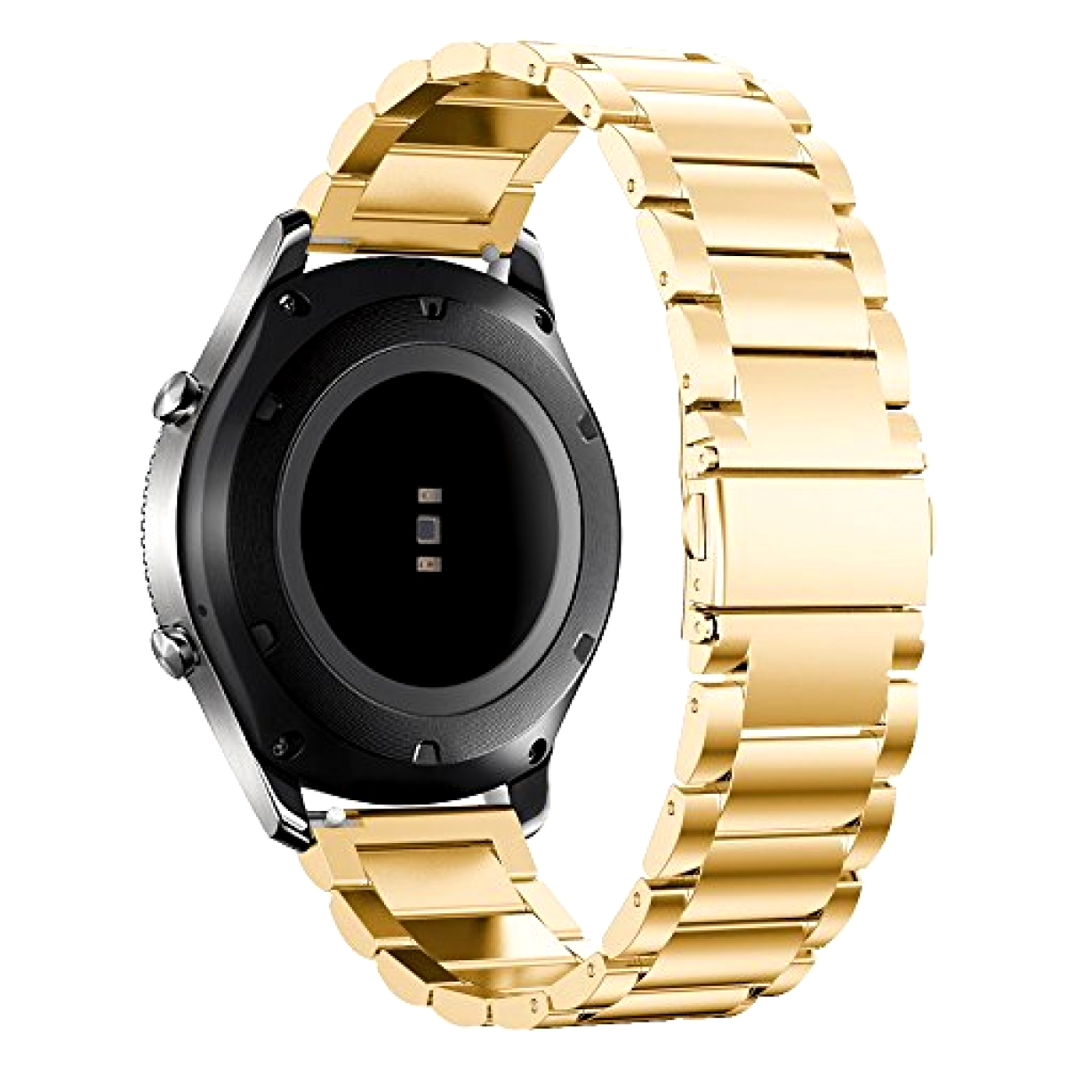 Eine goldene Smartwatch mit schwarzem Zifferblatt und goldenem Metallarmband vor weißem Hintergrund.