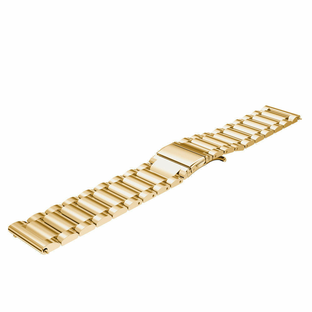 Ein goldfarbenes Uhrenarmband liegt diagonal. Es besteht aus verbundenen, rechteckigen Gliedern. Der Hintergrund ist weiß.