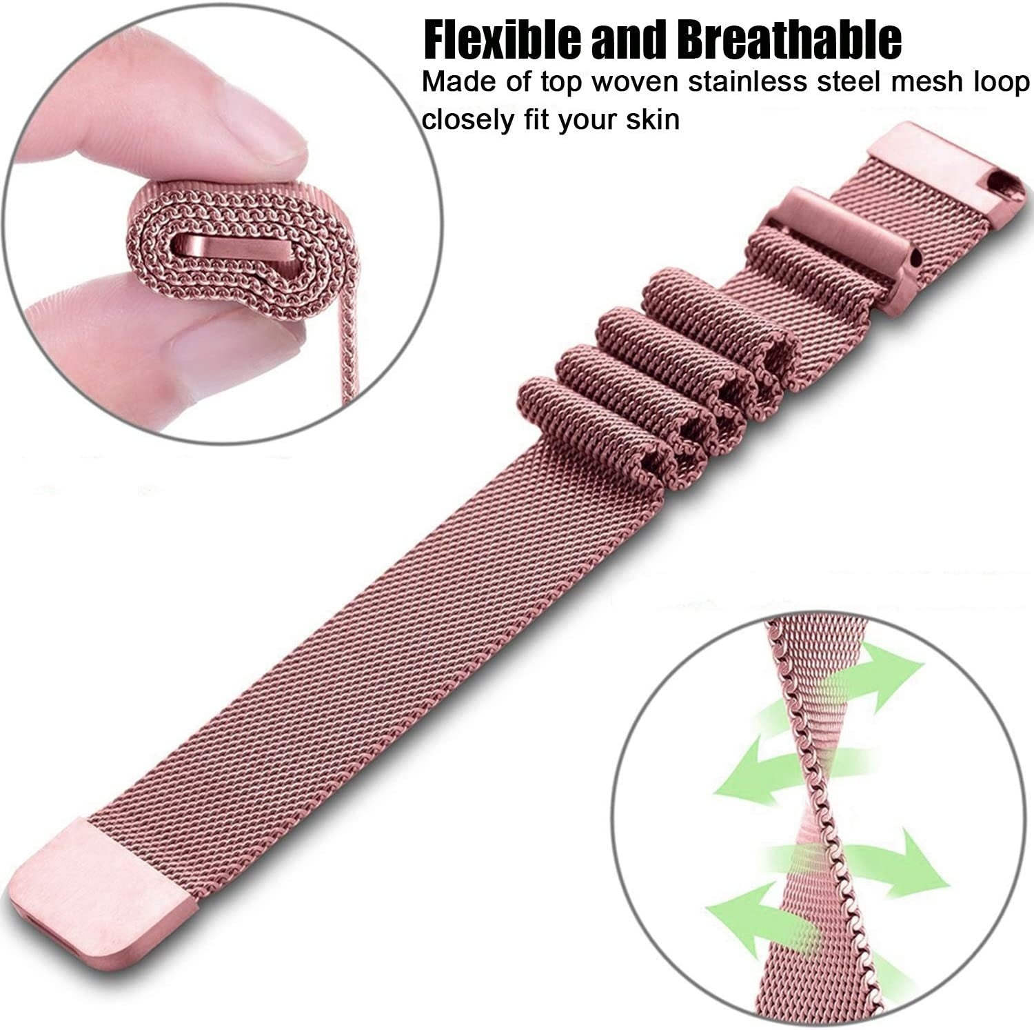 Roségoldenes Edelstahl-Uhrenarmband. Eine Hand hält einen gerollten Teil. Text: Flexibel und atmungsaktiv. Mesh-Schlaufe.