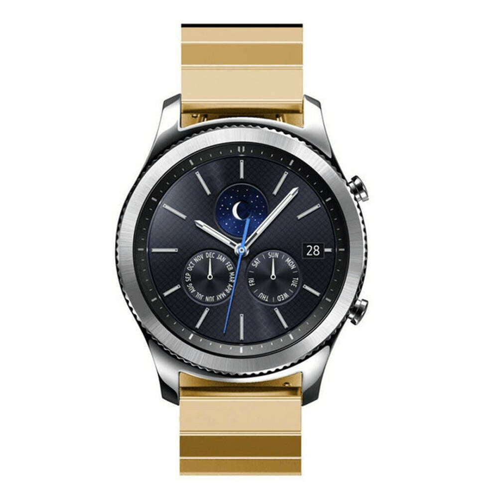Eine Smartwatch mit schwarzem Zifferblatt und goldenem Armband. Die Uhr zeigt Datum, Mondphase und Monate. Der Hintergrund ist weiß.