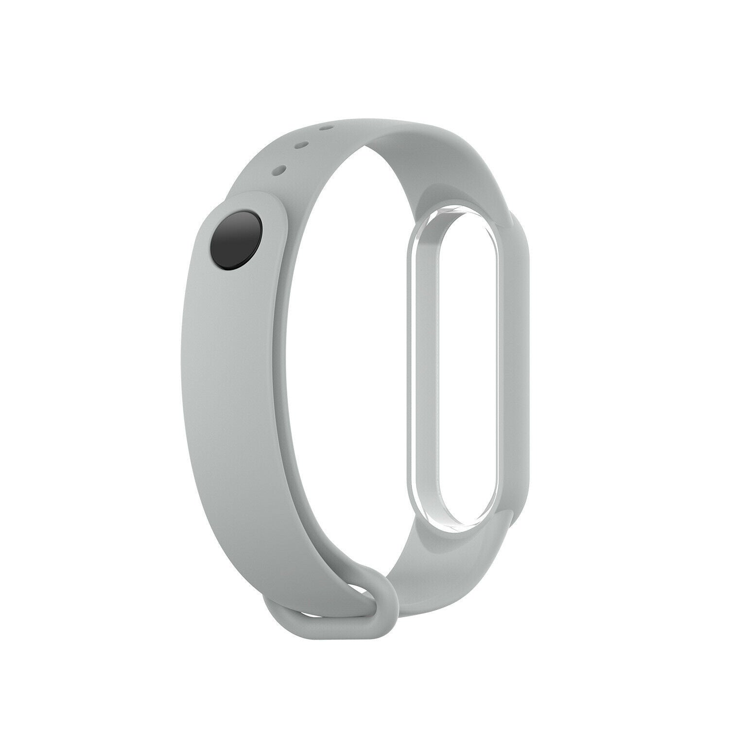 Ein hellgraues Armband für eine Smartwatch mit einem schwarzen Knopf und drei kleinen Löchern. Das Band hat ein gebogenes Design und ein klares Fenster.