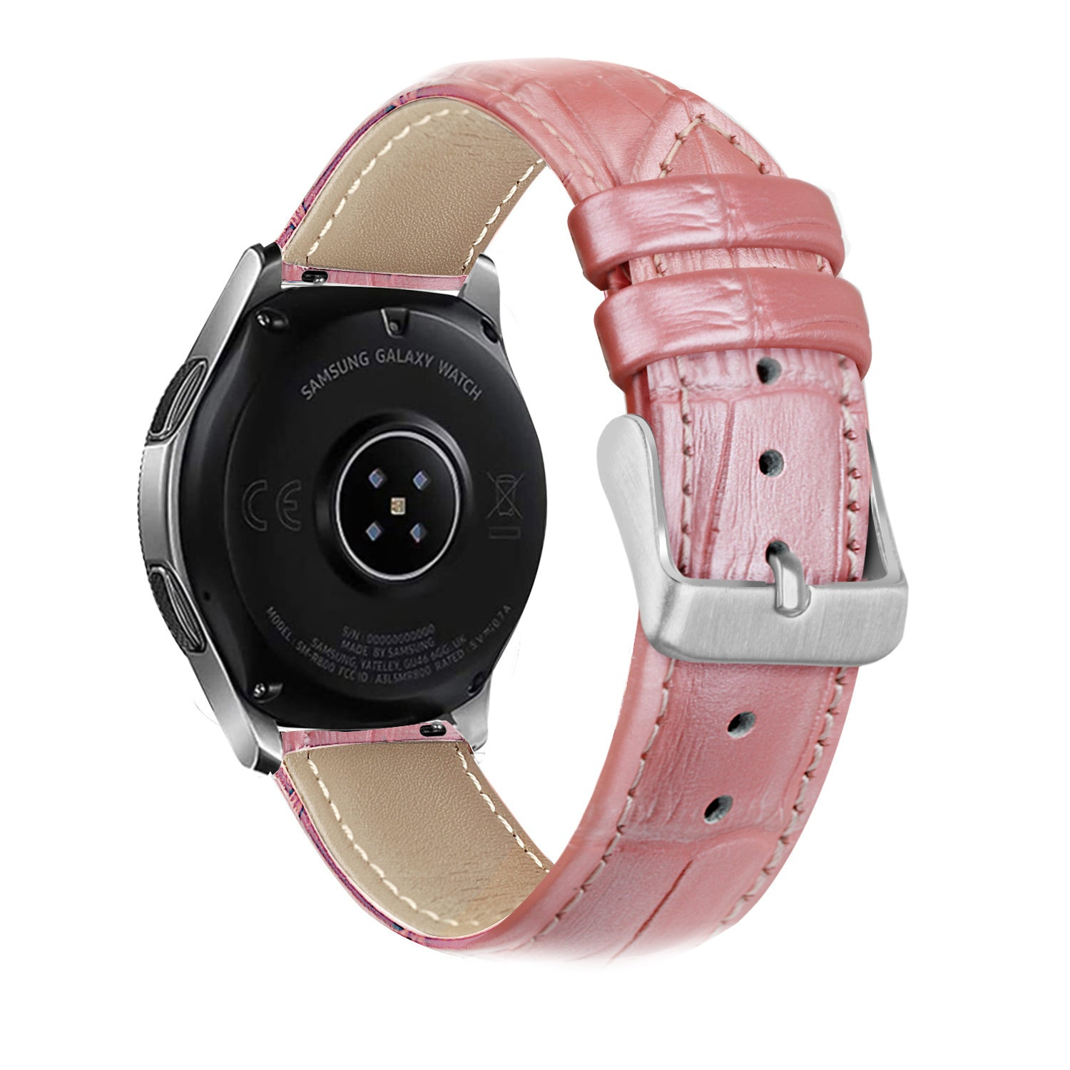 Eine Samsung Galaxy Watch mit einem rosa Lederarmband. Die Uhr ist schwarz, mit silberner Schnalle und hellrosa Armband.