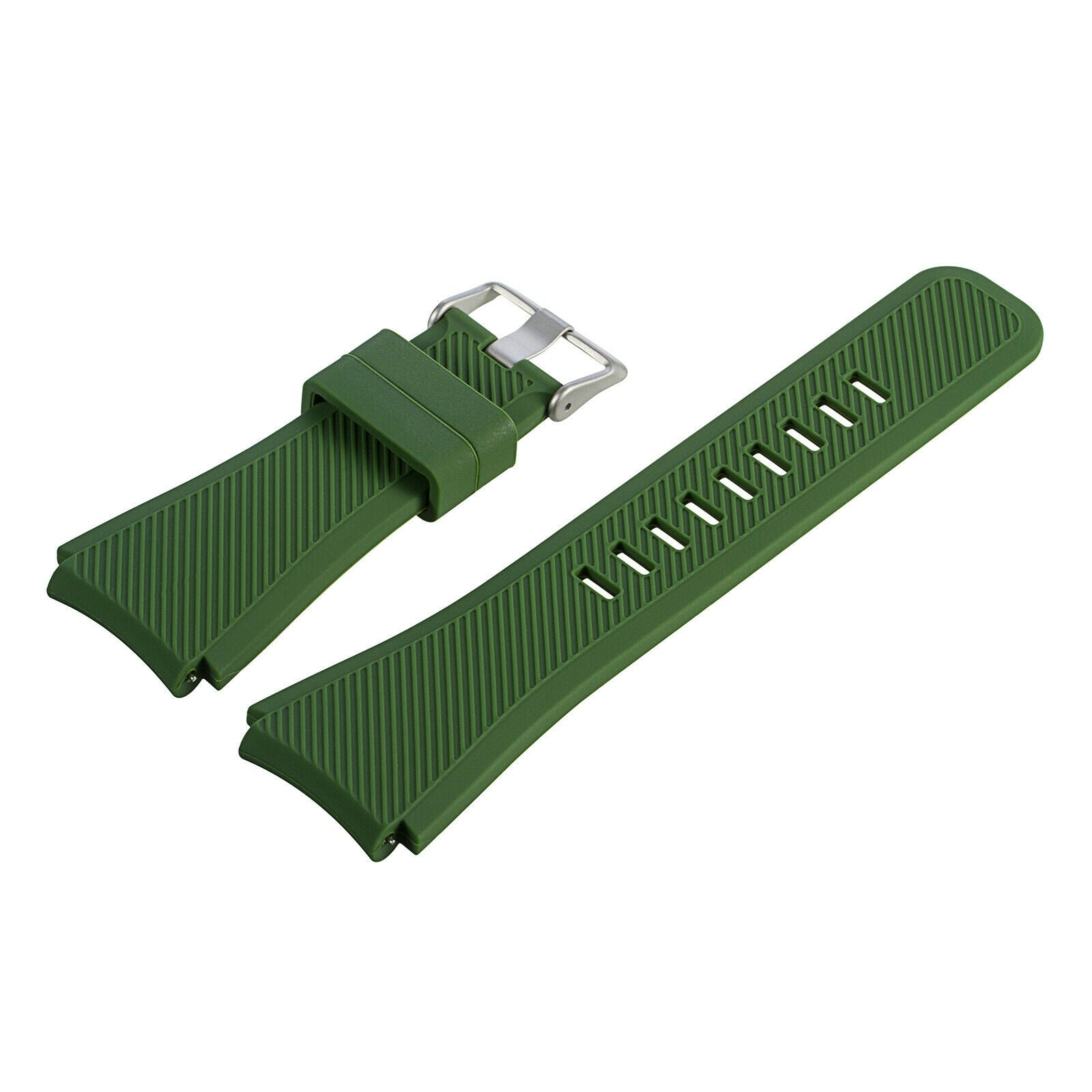 Zweiteiliges grünes Uhrenarmband. Ein Teil hat eine Schnalle, das andere hat erhabene Linien und eine Reihe von Löchern.
