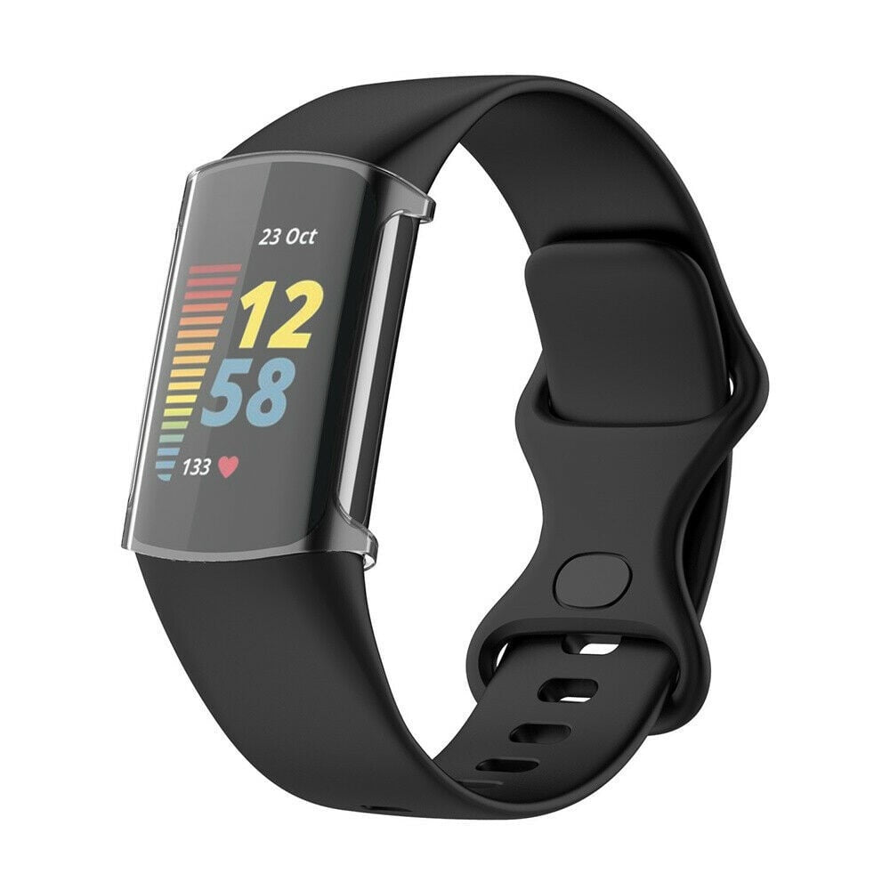 Schwarzer Fitness-Tracker mit digitaler Anzeige von Uhrzeit, Datum und Herzfrequenz. Das Armband ist schwarz und gebogen.