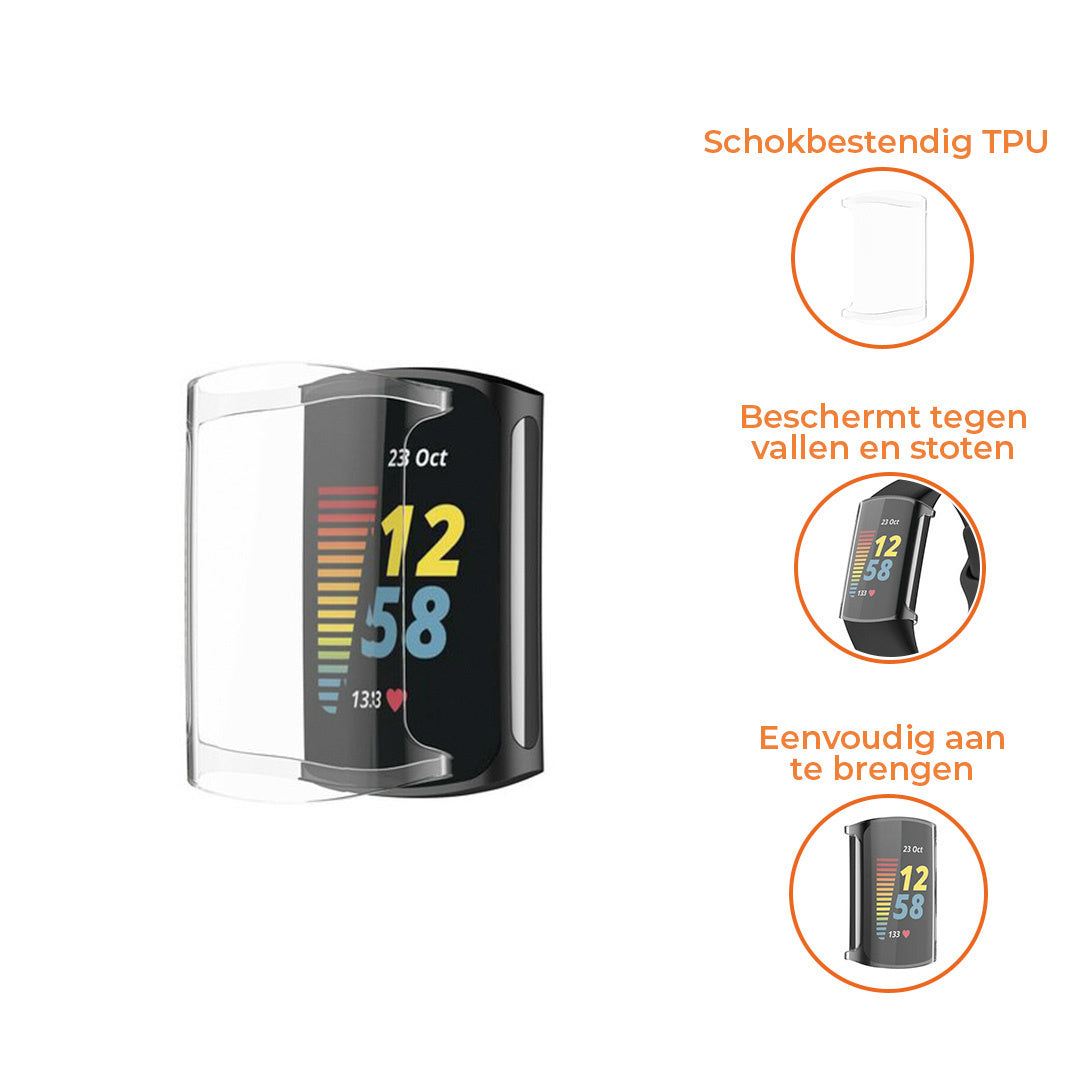 Eine Smartwatch mit Schutzhülle wird gezeigt. Der Text weist darauf hin, dass sie stoßfest ist, vor Stürzen schützt und einfach anzubringen ist.