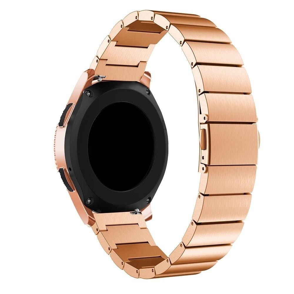 Eine roségoldene Smartwatch mit schwarzem Bildschirm und passendem Metallband vor weißem Hintergrund.