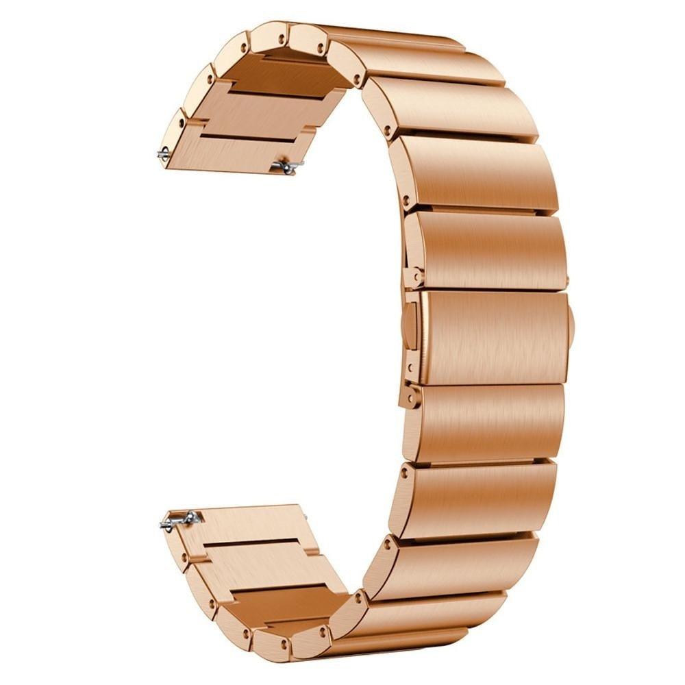 Ein roségoldenes Metallarmband in gebogener Form vor weißem Hintergrund. Das Armband besteht aus rechteckigen Gliedern.