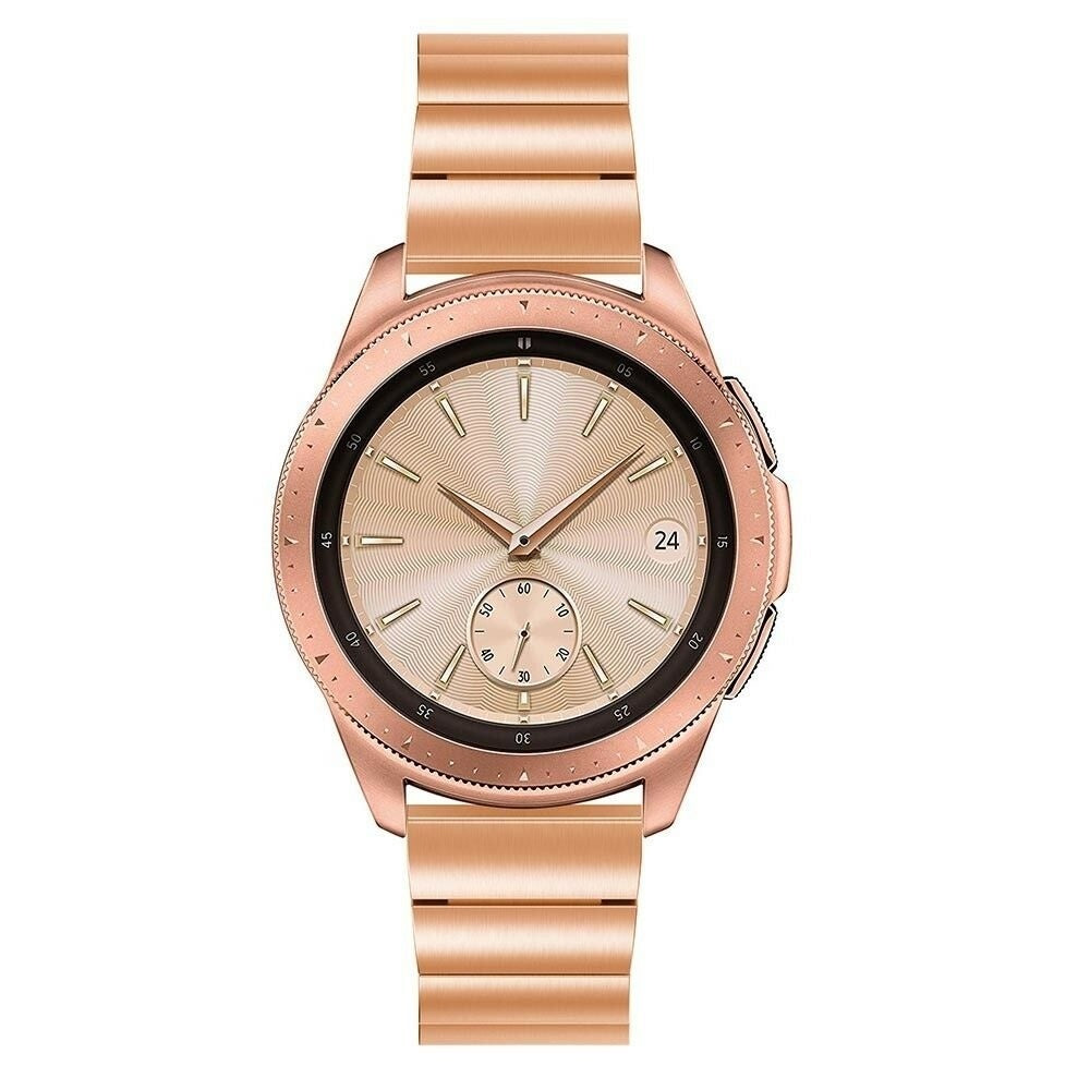 Eine roségoldene Smartwatch mit Metallarmband. Das Zifferblatt zeigt Uhrzeit, Datum und Hilfszifferblätter.