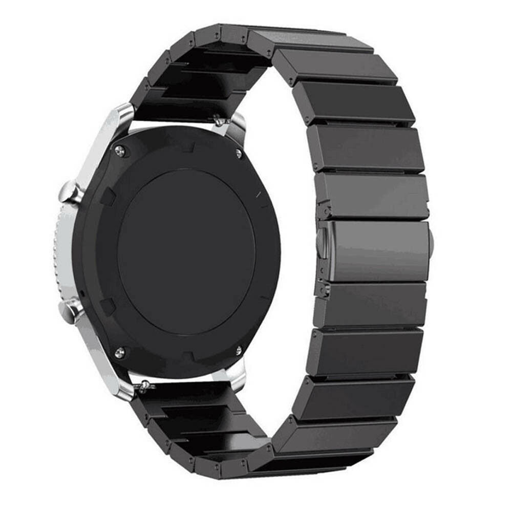 Gezeigt wird eine schwarze Smartwatch mit Metallarmband. Das Zifferblatt ist schwarz und das Band besteht aus rechteckigen Gliedern.