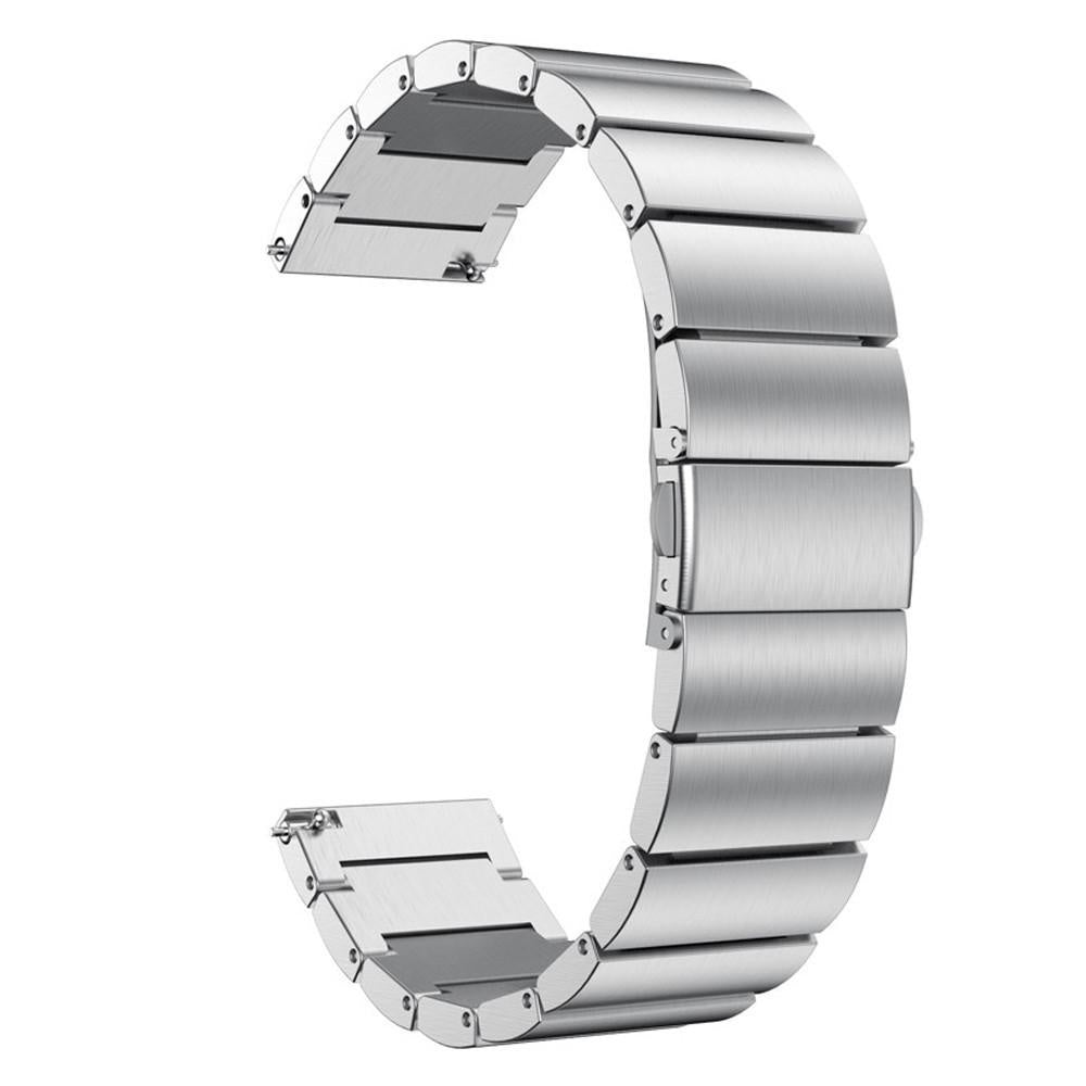 Ein silbernes Metall-Uhrenarmband, C-förmig gebogen, mit mehreren rechteckigen Gliedern. Es ist auf weißem Hintergrund.