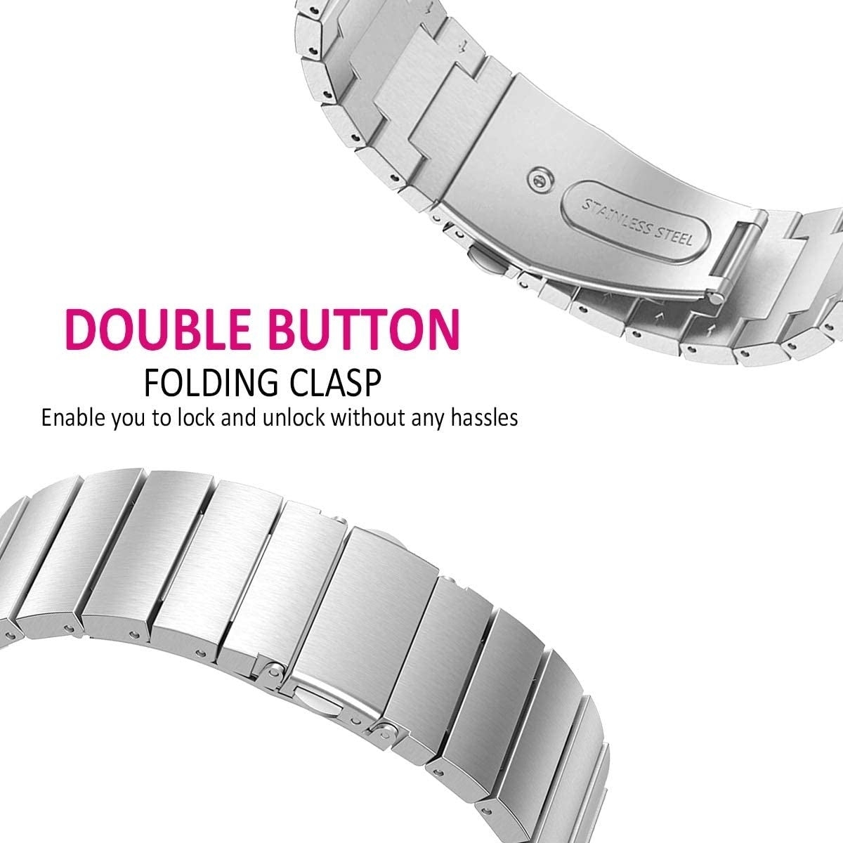 Nahaufnahme eines Edelstahl-Uhrenarmbands mit Text „DOUBLE BUTTON FOLDING CLASP“. Es hat einen Verschluss und Glieder.