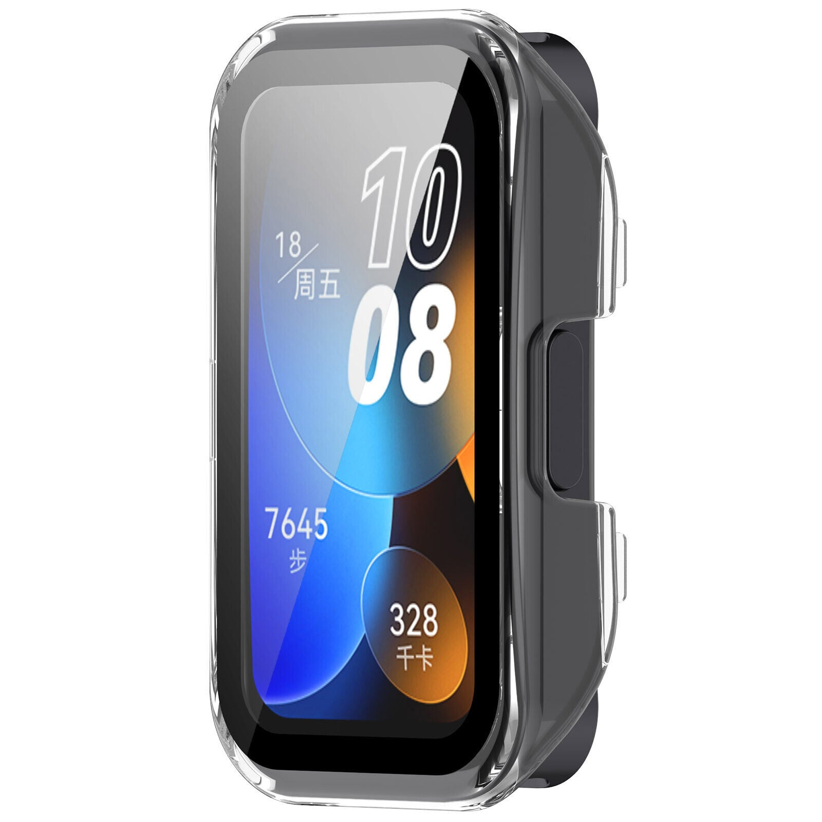 Smartwatch mit transparenter Hülle zeigt Datum, Uhrzeit, Schritte und Kalorien. Der Bildschirm zeigt weiße Zahlen und chinesische Schriftzeichen.