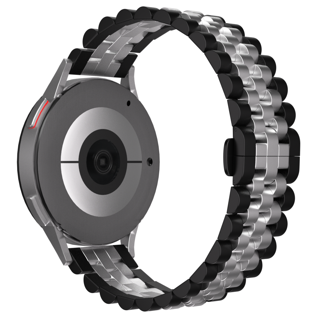 Eine silberne und schwarze Smartwatch, Ansicht aus einem Winkel. Das Zifferblatt ist grau mit einem schwarzen Kameraobjektiv. Das Armband wechselt zwischen silbernen und schwarzen Gliedern.