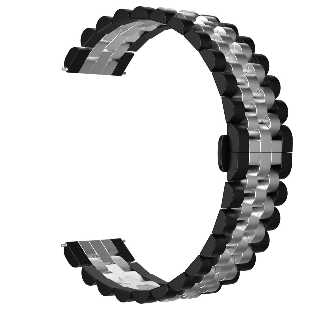 Ein gebogenes Uhrenarmband, schwarz und silberfarben, liegt vor einem schwarzen Hintergrund. Das Armband hat abwechselnd schwarze und silberne Glieder.