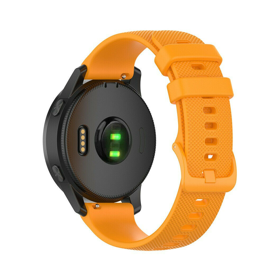 Schwarze Smartwatch mit orangefarbenem Armband, Rückseite mit Sensoren und grünem Licht.