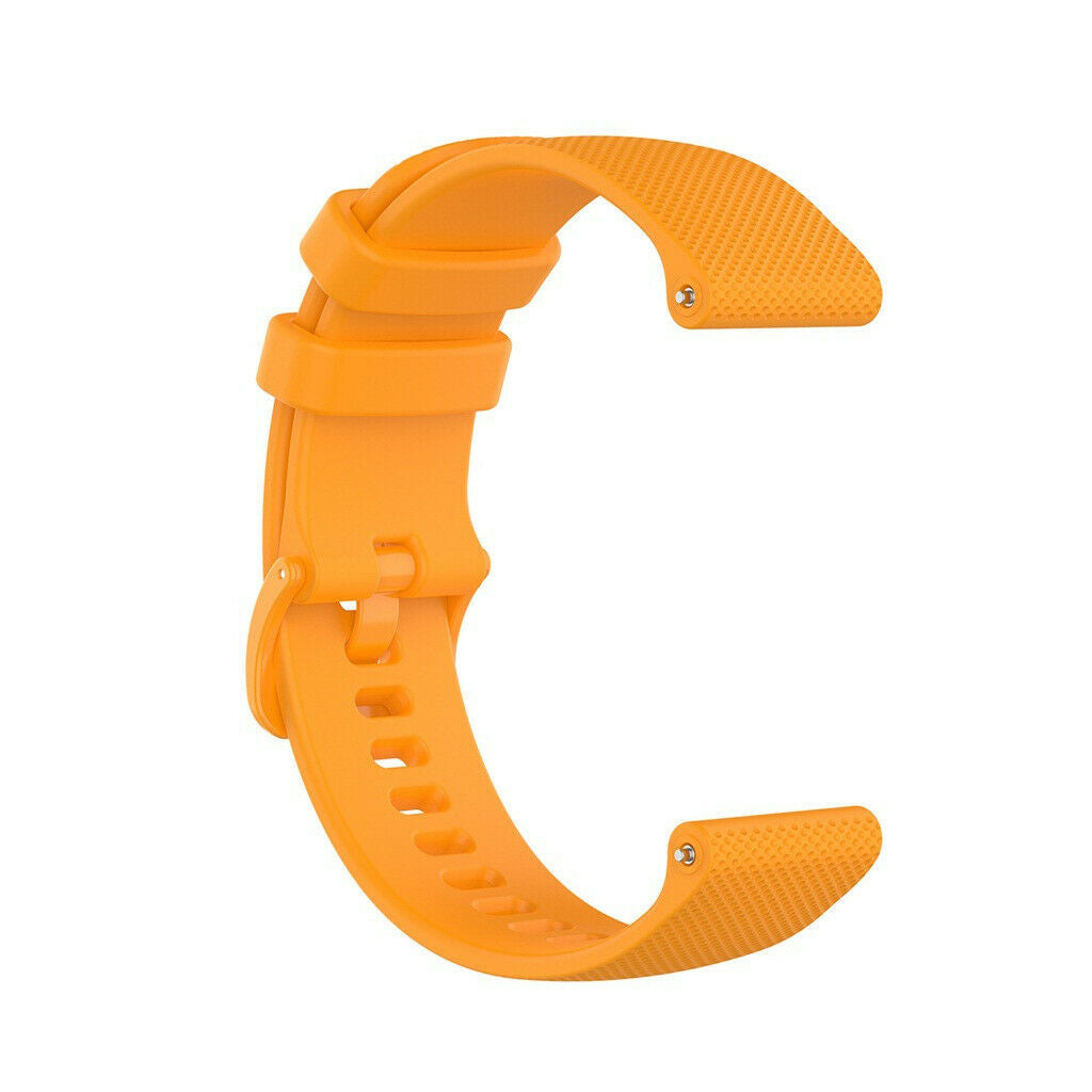 Ein orangefarbenes Uhrenarmband wird angezeigt, mit einer strukturierten Oberfläche und einer Schnalle. Das Armband ist gebogen, was darauf hindeutet, dass es für ein Handgelenk bestimmt ist.
