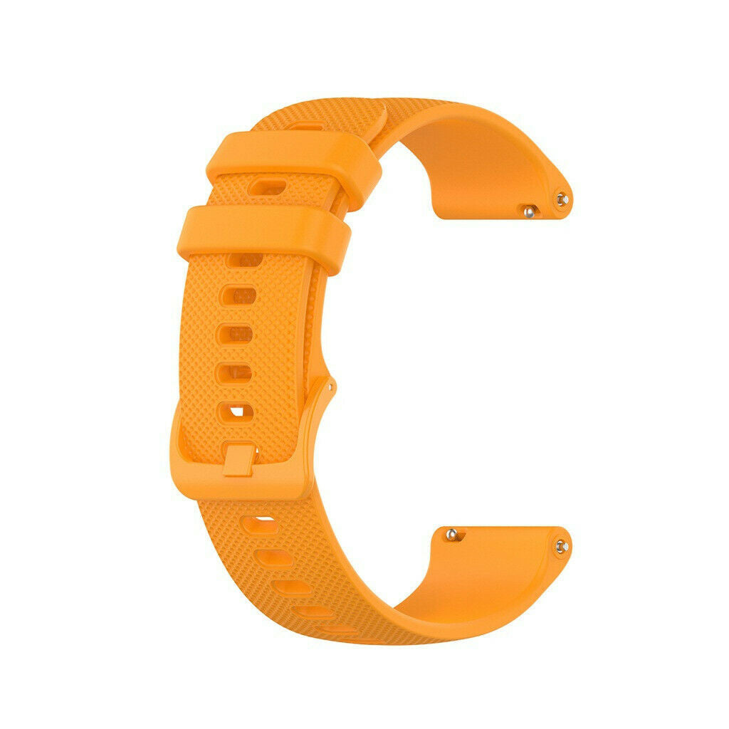 Ein orangefarbenes Uhrenarmband in C-Form auf weißem Hintergrund. Das Armband hat eine Schnalle und Löcher zur Einstellung.