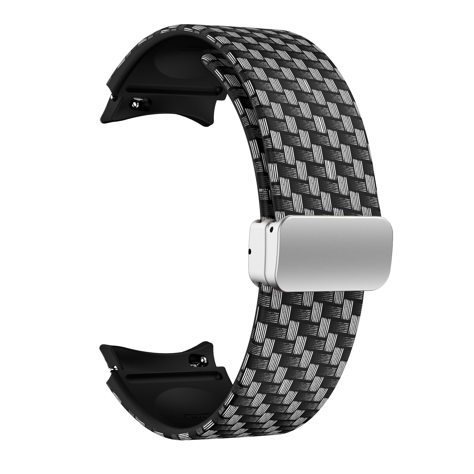 Ein Armband mit einem schwarz-weißen Karomuster. Es hat einen silbernen Verschluss und schwarze Befestigungspunkte.