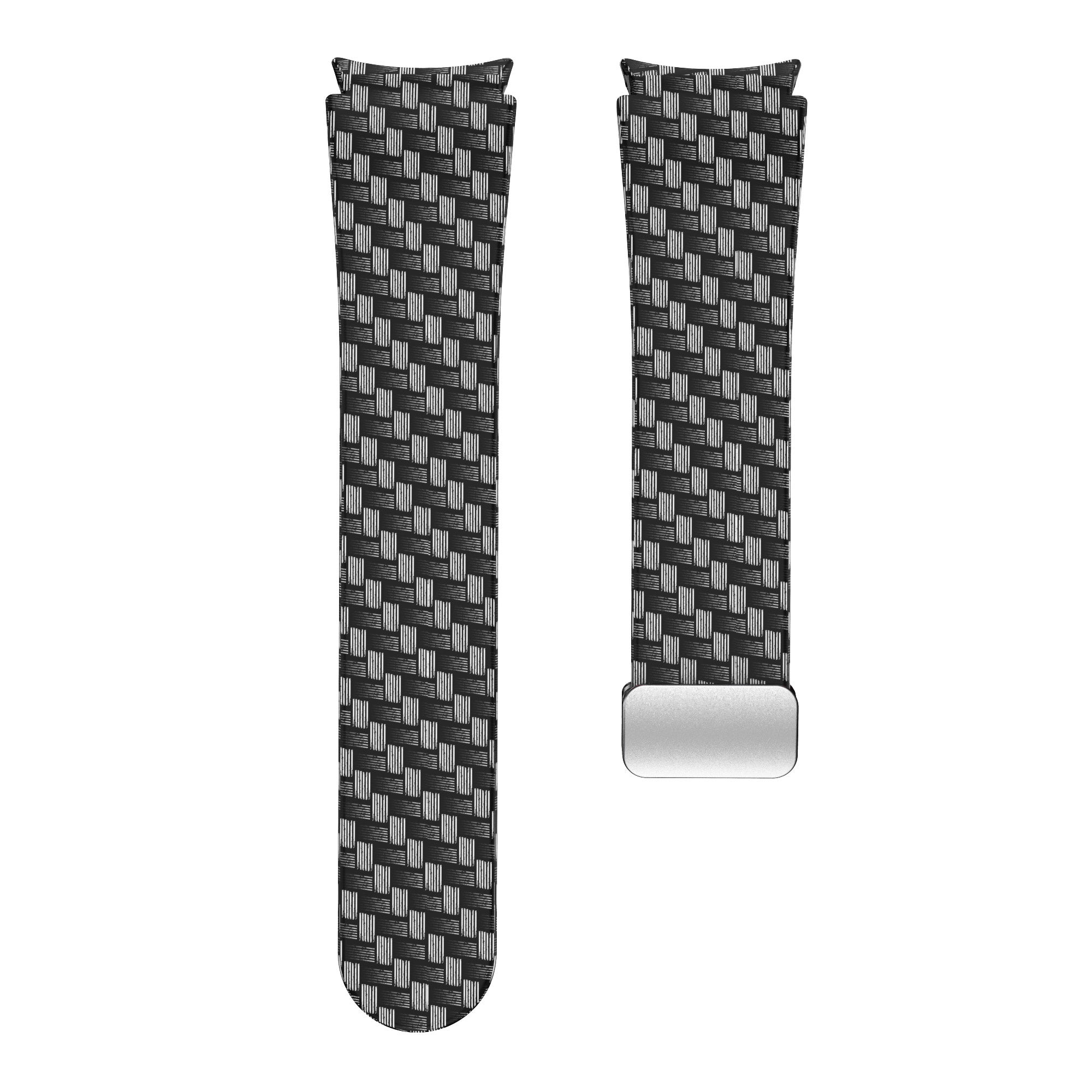 Zwei Uhrenarmbänder mit einem schwarz-weißen Karomuster. Ein Armband hat eine silberne Schnalle.