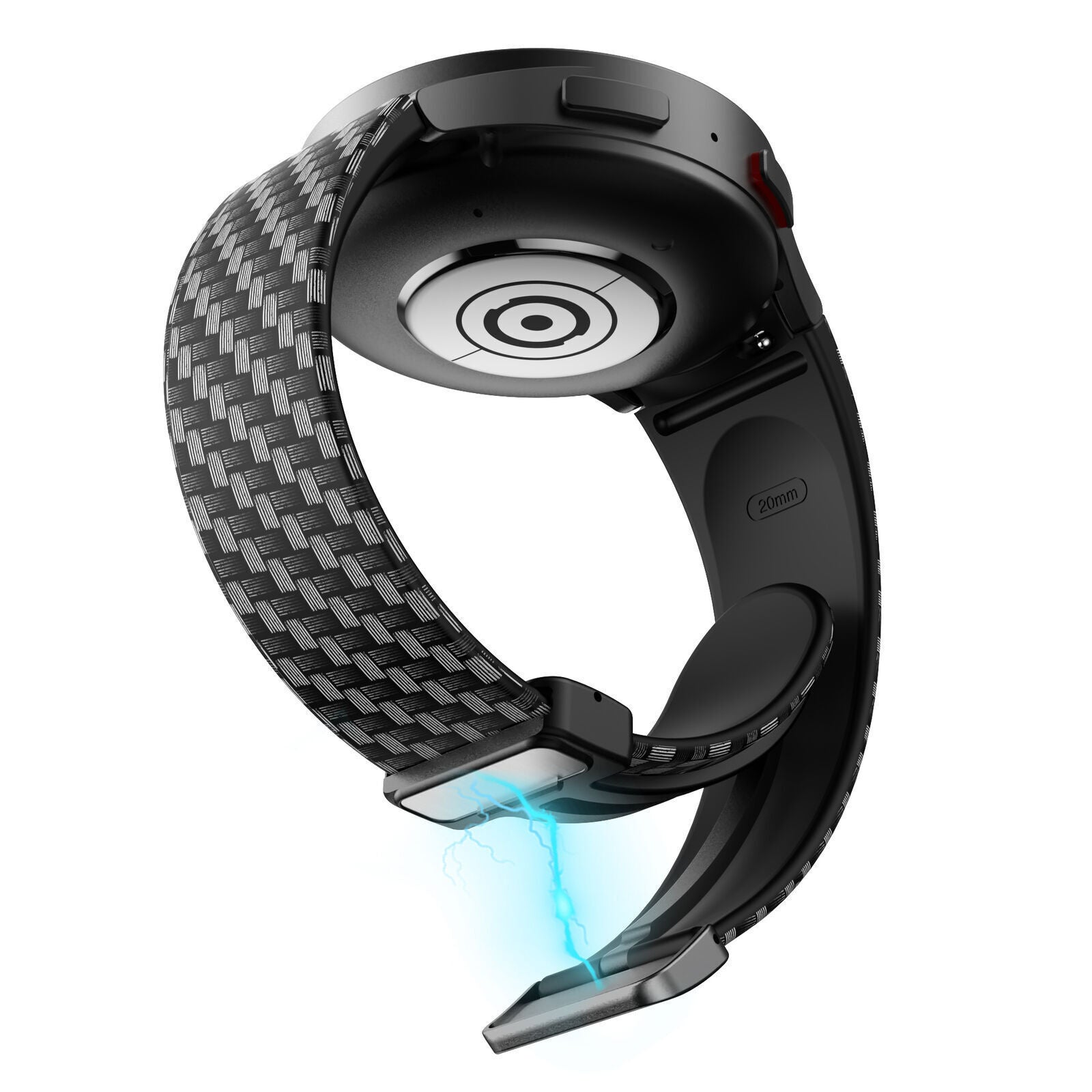 Eine schwarze Smartwatch mit gemustertem Armband. Sie ist abgewinkelt und zeigt die Unterseite und die Verbindungspunkte des Armbands. Blaues Licht sichtbar.