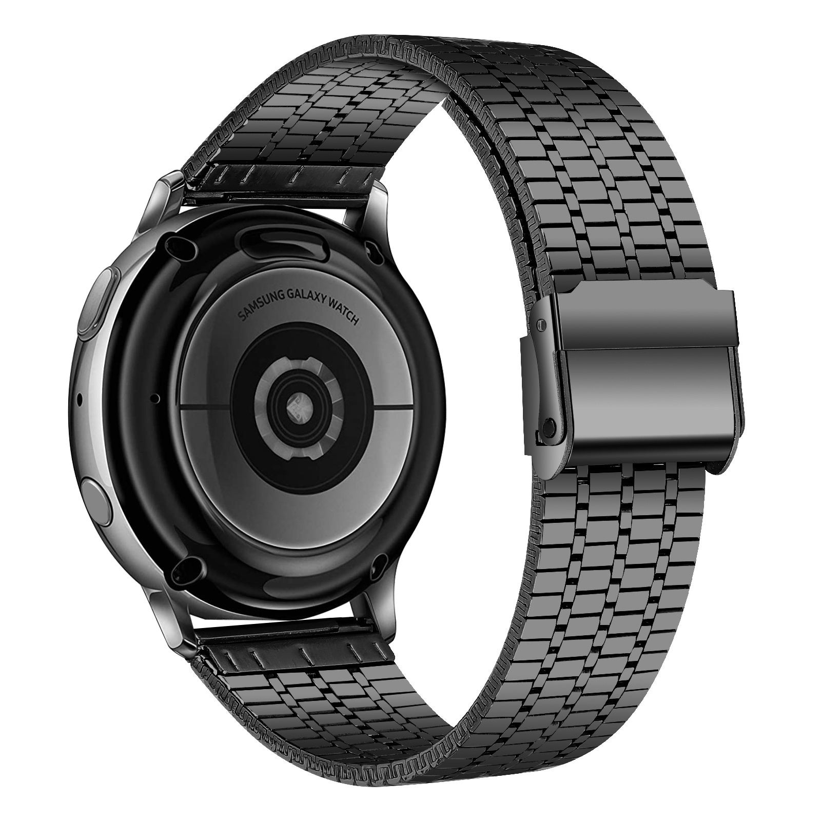 Eine schwarze Samsung Galaxy Watch mit passendem Metallarmband wird auf weißem Hintergrund gezeigt. Die Uhr ist abgewinkelt.