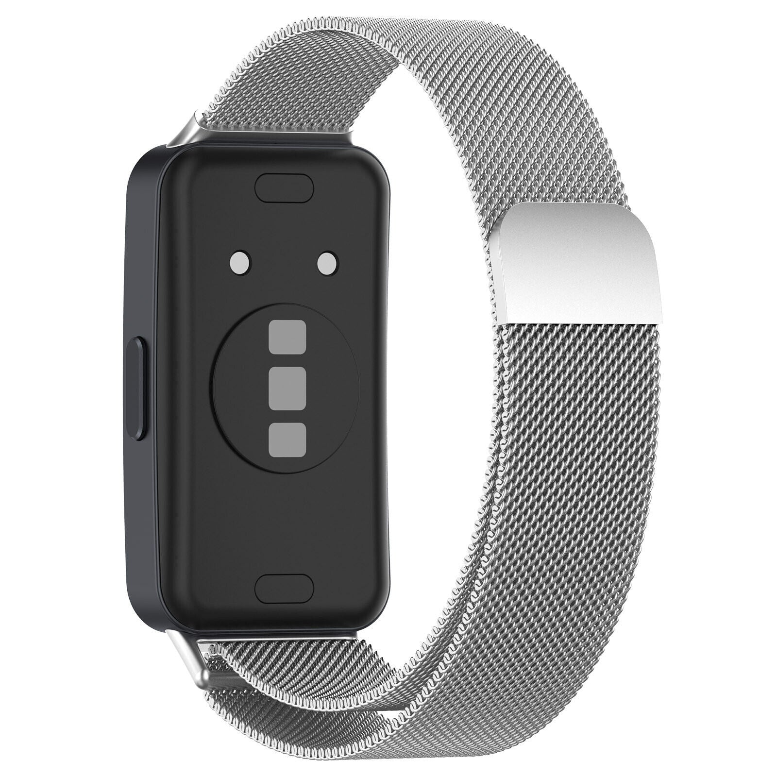 Schwarze Smartwatch mit silbernem Mesh-Armband. Das Zifferblatt hat drei Quadrate und zwei kleine Kreise. Das Band hat einen Verschluss.