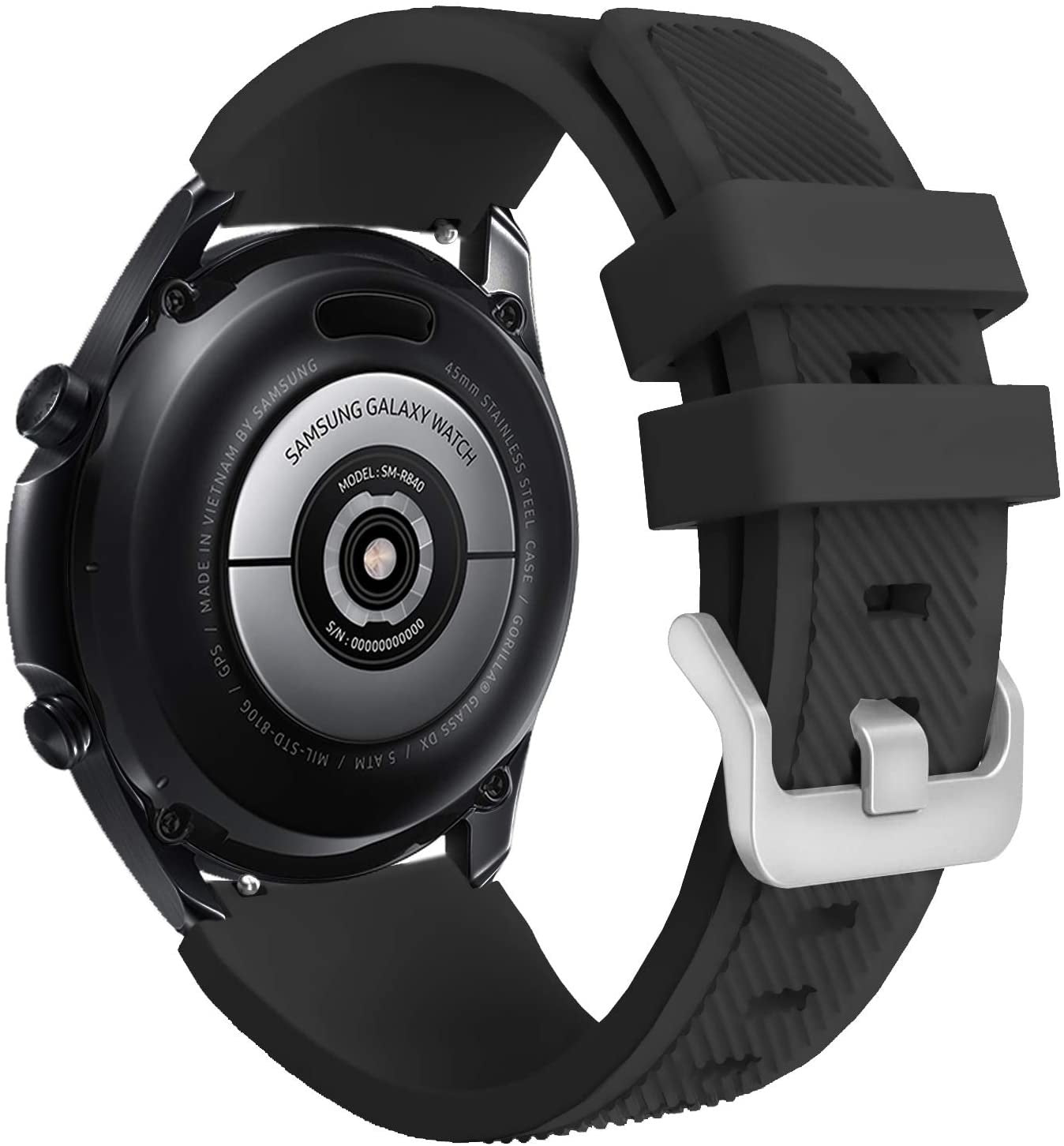 Eine schwarze Samsung Galaxy Watch wird gezeigt. Die Uhr hat ein schwarzes Armband mit einer silbernen Schnalle. Die Rückseite der Uhr hat Text.