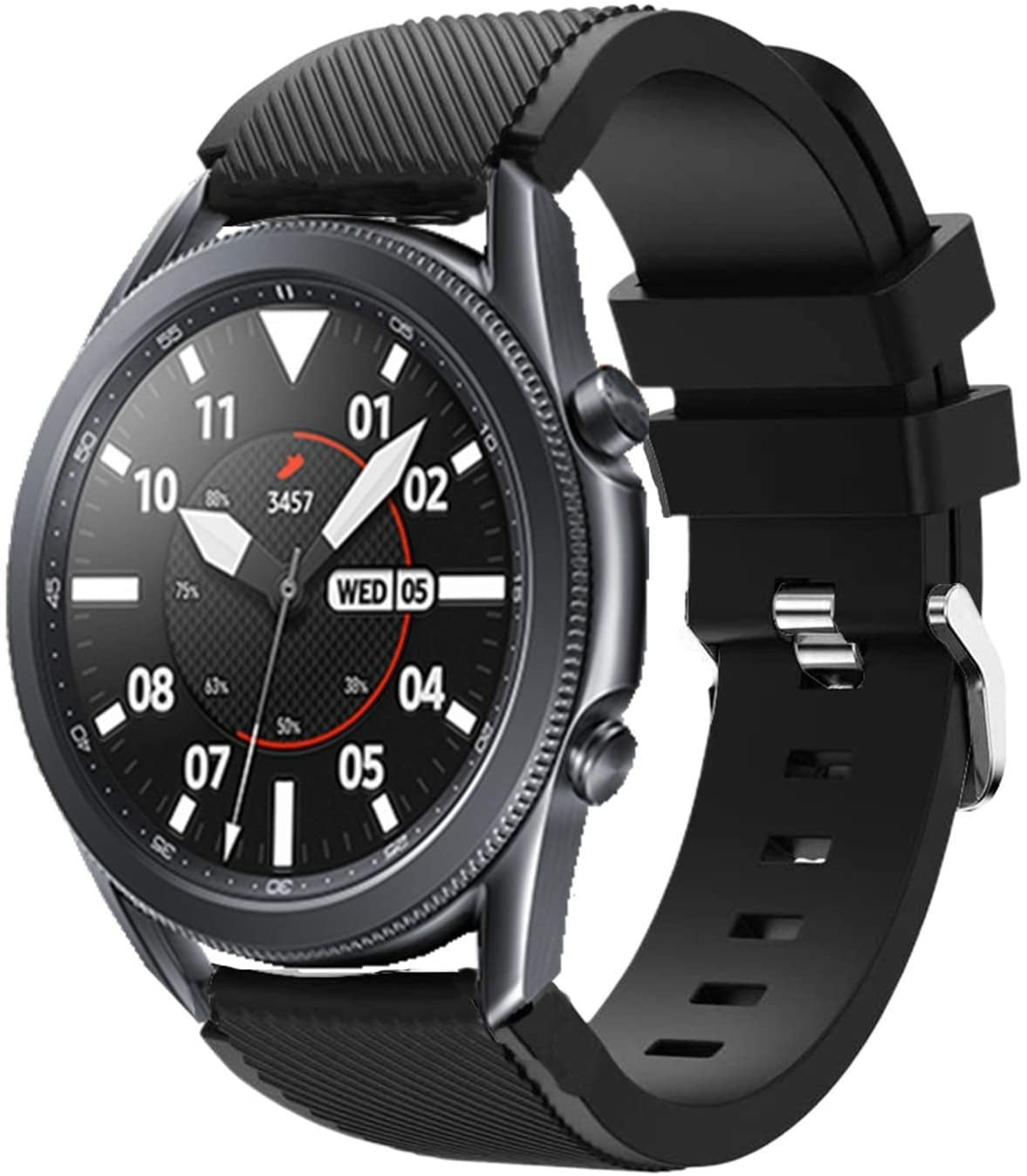 Eine schwarze Smartwatch mit dunkler grauer Lünette und schwarzem Armband. Das Zifferblatt zeigt Zahlen und Zeiger.