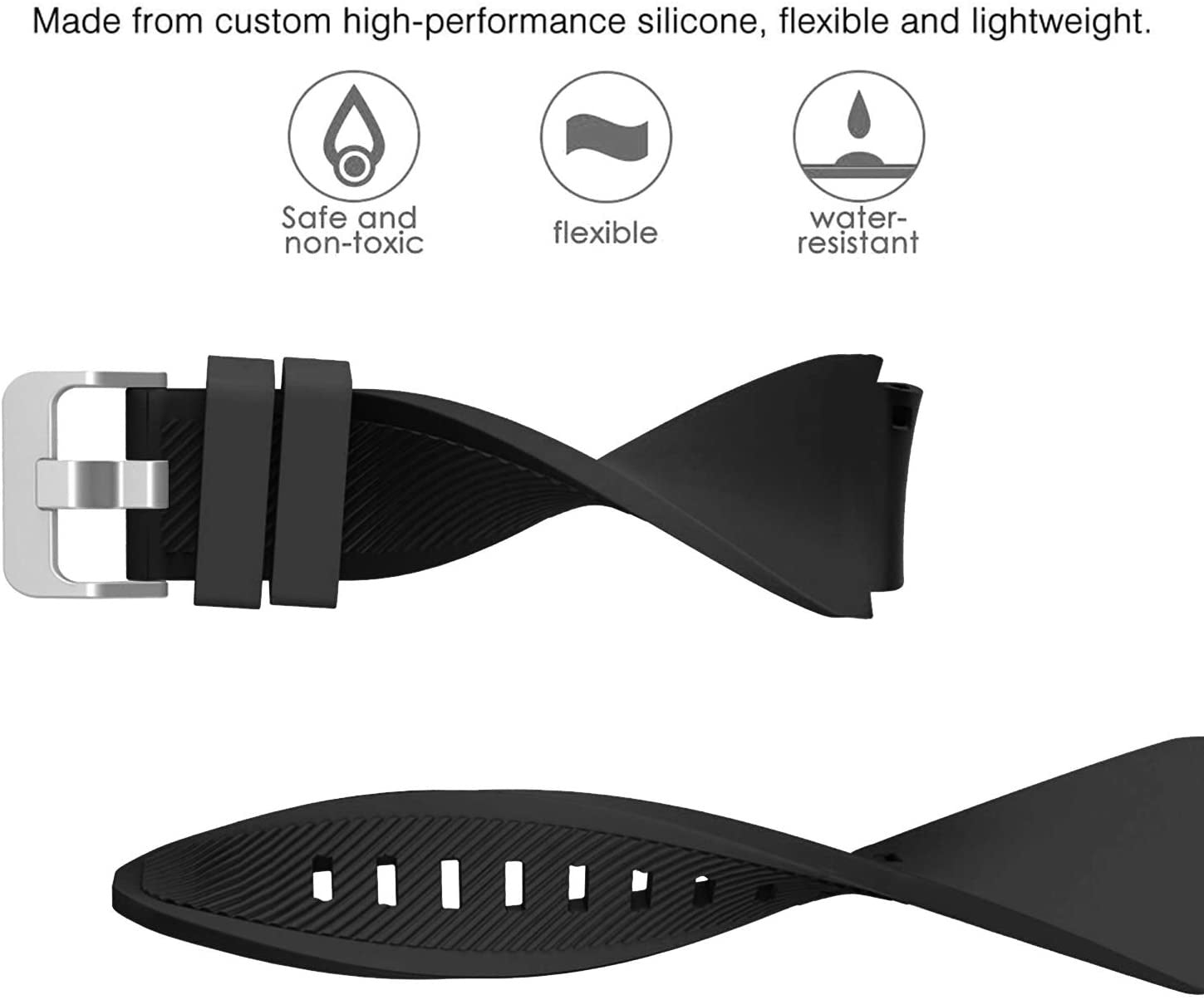 Schwarzes Uhrenarmband mit silberner Schnalle. Symbole weisen auf Sicherheit, Flexibilität und Wasserbeständigkeit hin. Text: Hergestellt aus Silikon.