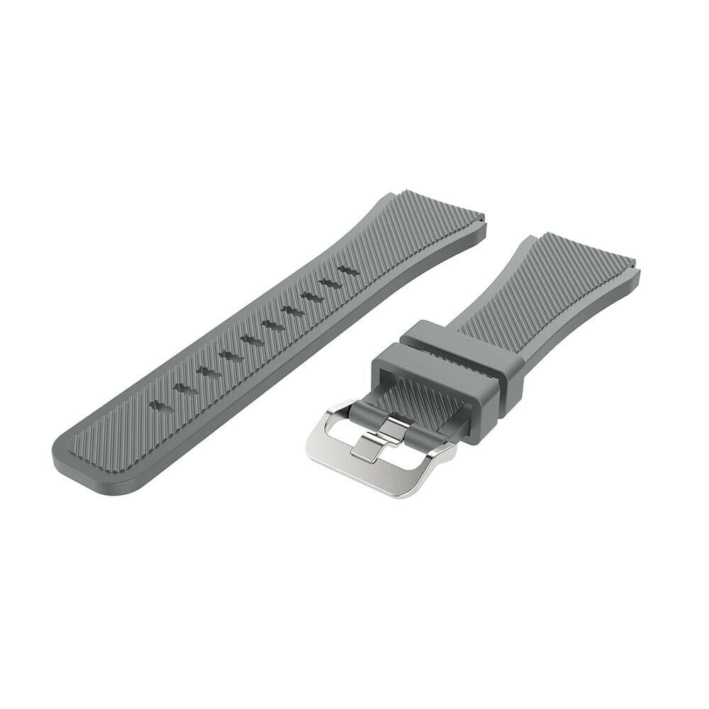 Zwei graue Uhrenarmbänder mit strukturierten Oberflächen. Eines hat eine silberne Schnalle, auf weißem Hintergrund.