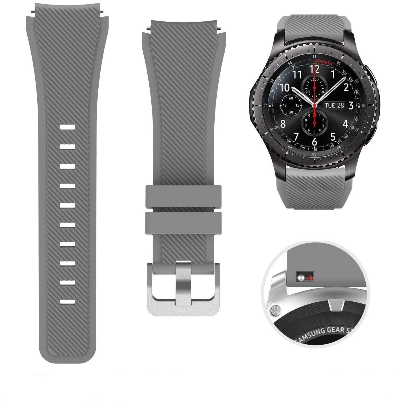 Graue Smartwatch mit zwei Armbändern und Zifferblatt. Das Zifferblatt zeigt Datum und Uhrzeit.