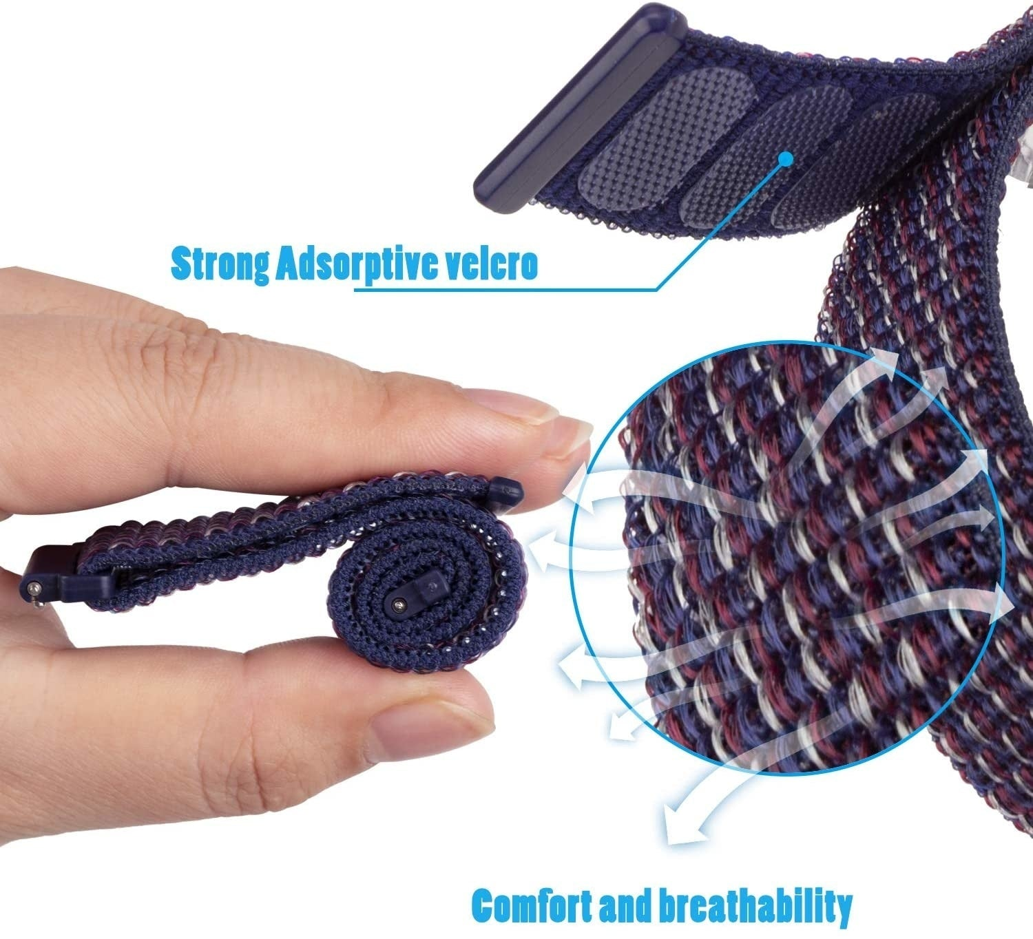 Eine Hand hält ein aufgerolltes blaues Uhrenarmband. Das Armband ist mit roten und weißen Fäden versehen. Text: Starkes Adsorptionsklett, Komfort und Atmungsaktivität.