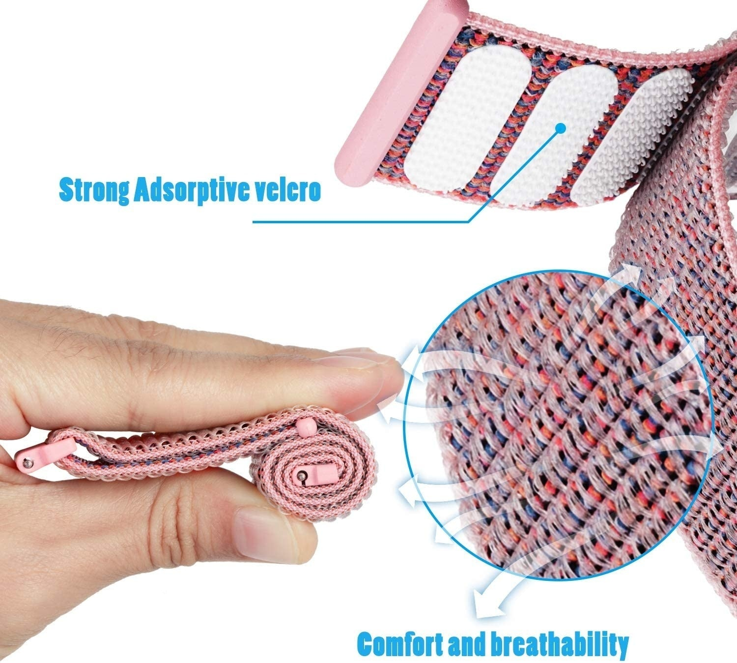 Rosa-weißes Stoffband mit Klettverschluss, in einer Hand aufgerollt. Pfeile zeigen Atmungsaktivität an. Text: Starkes Adsorptionsklett.