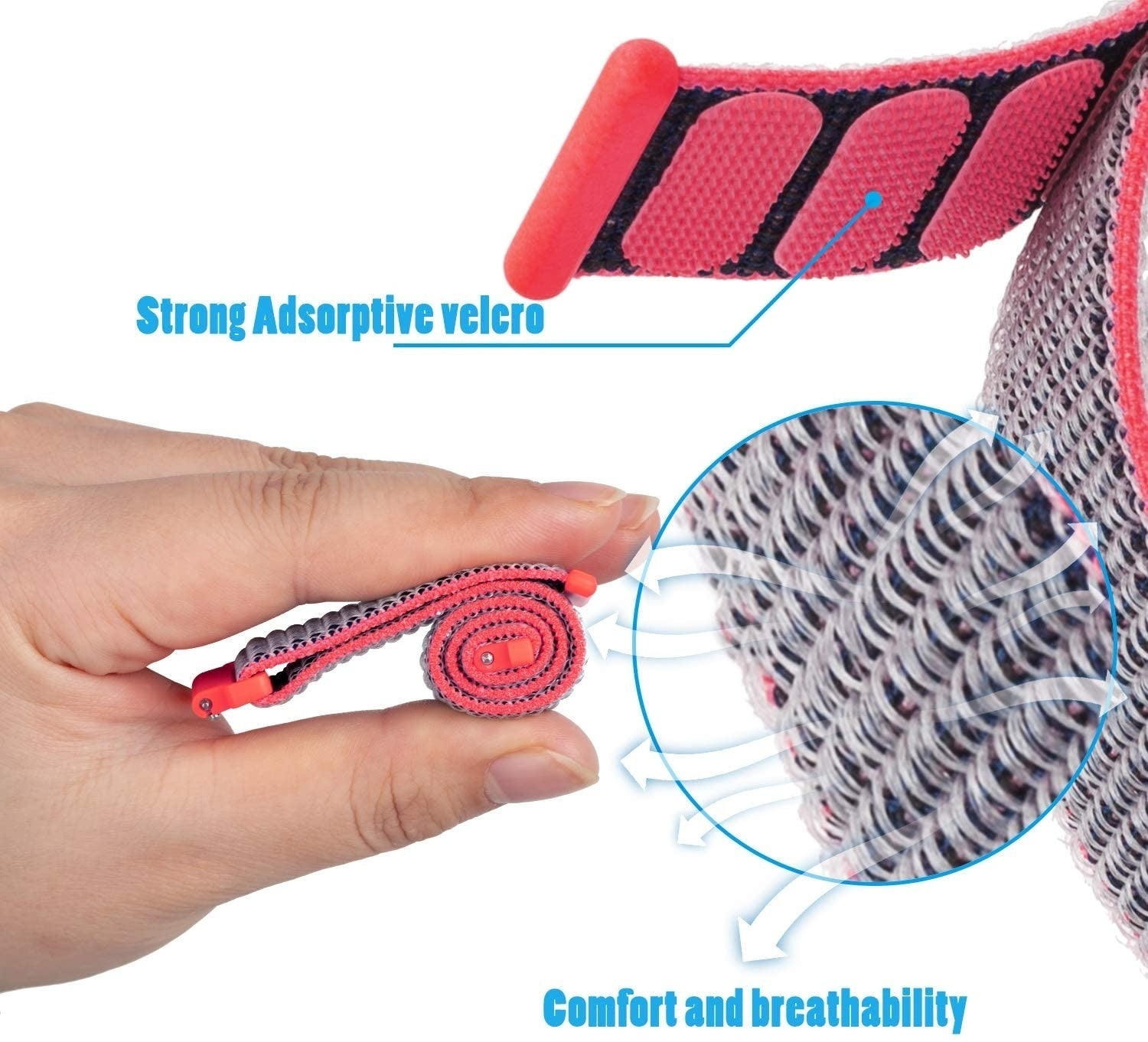 Eine Hand hält ein aufgerolltes rosa-weißes Gewebe mit Klettverschluss und einen Abschnitt des Gewebes mit atmungsaktivem Mesh. Text: Strong Adsorptive velcro.