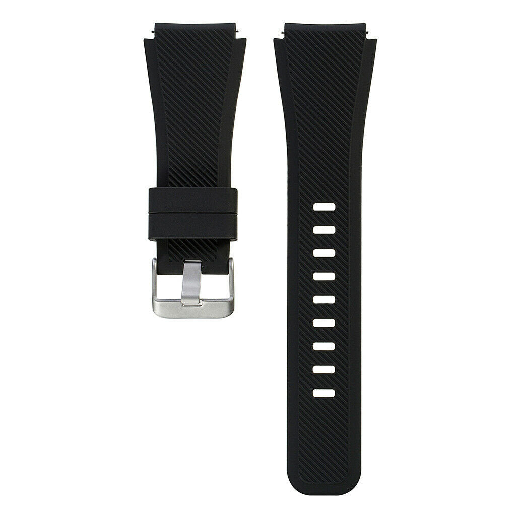 Zwei schwarze Uhrenarmbänder auf weißem Hintergrund. Eines hat eine Schnalle, das andere Linien.