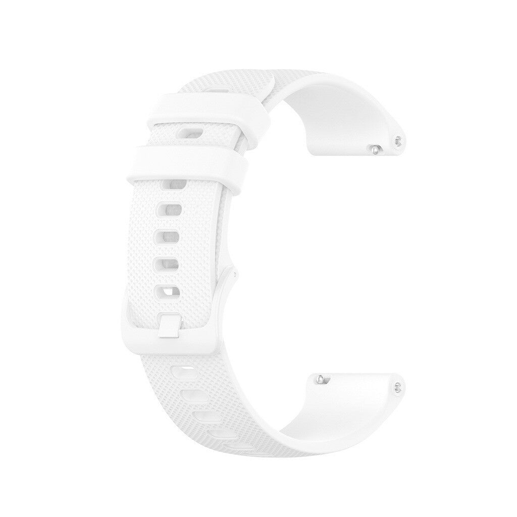 Ein weißes Uhrenarmband in C-Form liegt vor weißem Hintergrund. Es hat Löcher zur Anpassung und kleine Metallteile.