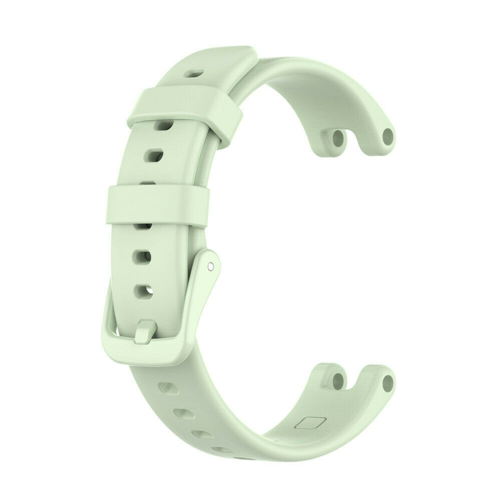 Ein hellgrünes Uhrenarmband, das in C-Form gebogen ist. Es hat Löcher zur Anpassung und eine Schnalle zum Befestigen.