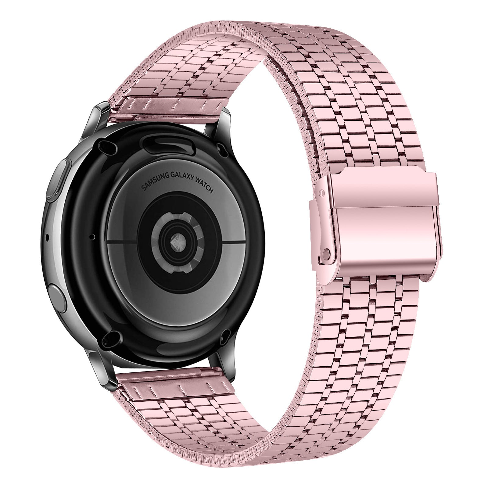 Eine Samsung Galaxy Watch mit einem rosafarbenen Metallarmband wird gezeigt, die Rückseite der Uhr ist sichtbar, mit dem Schriftzug "Samsung Galaxy Watch".