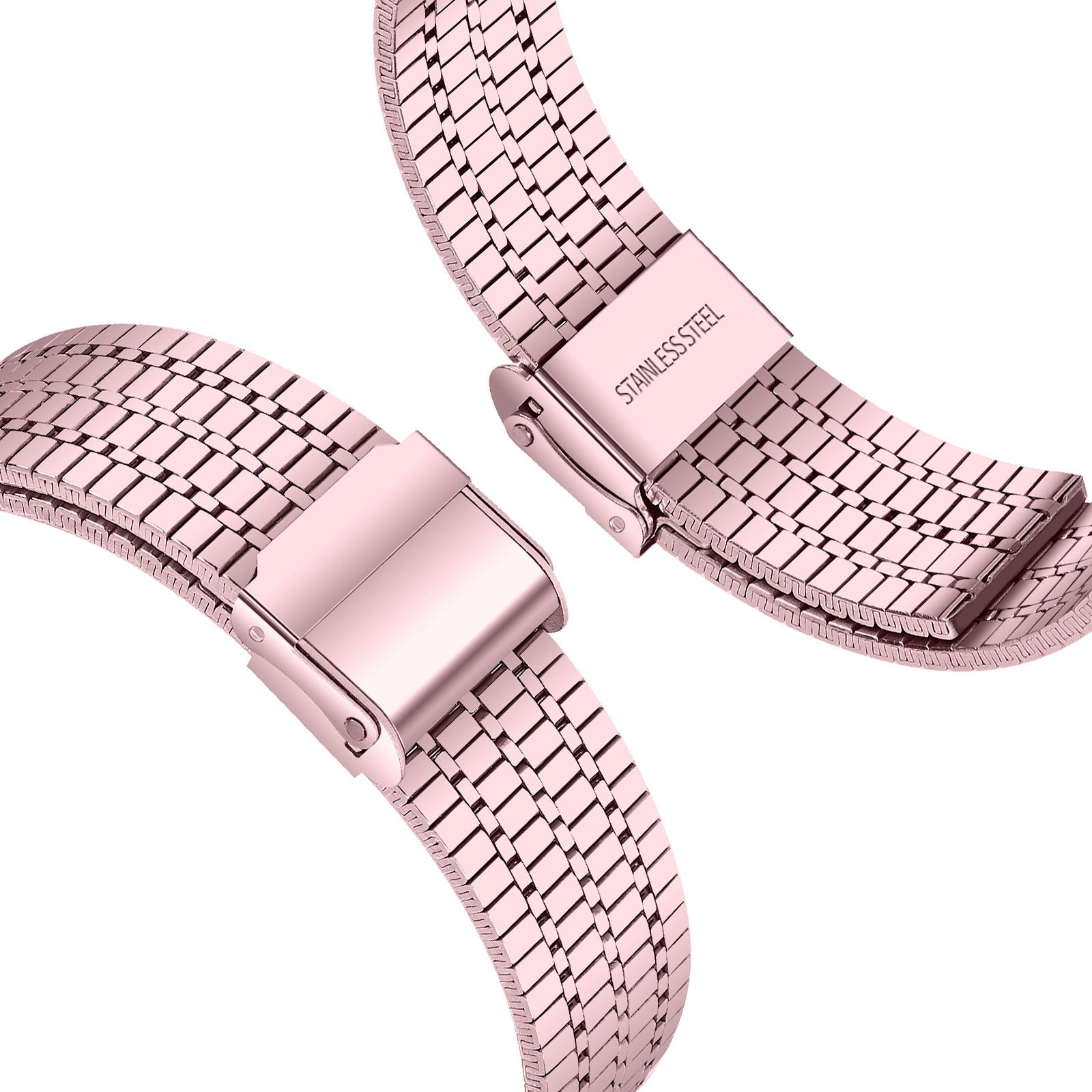 Nahaufnahme eines roségoldenen Uhrenarmbands. Es hat ein Mesh-Design und einen Edelstahlverschluss. Der Hintergrund ist weiß.